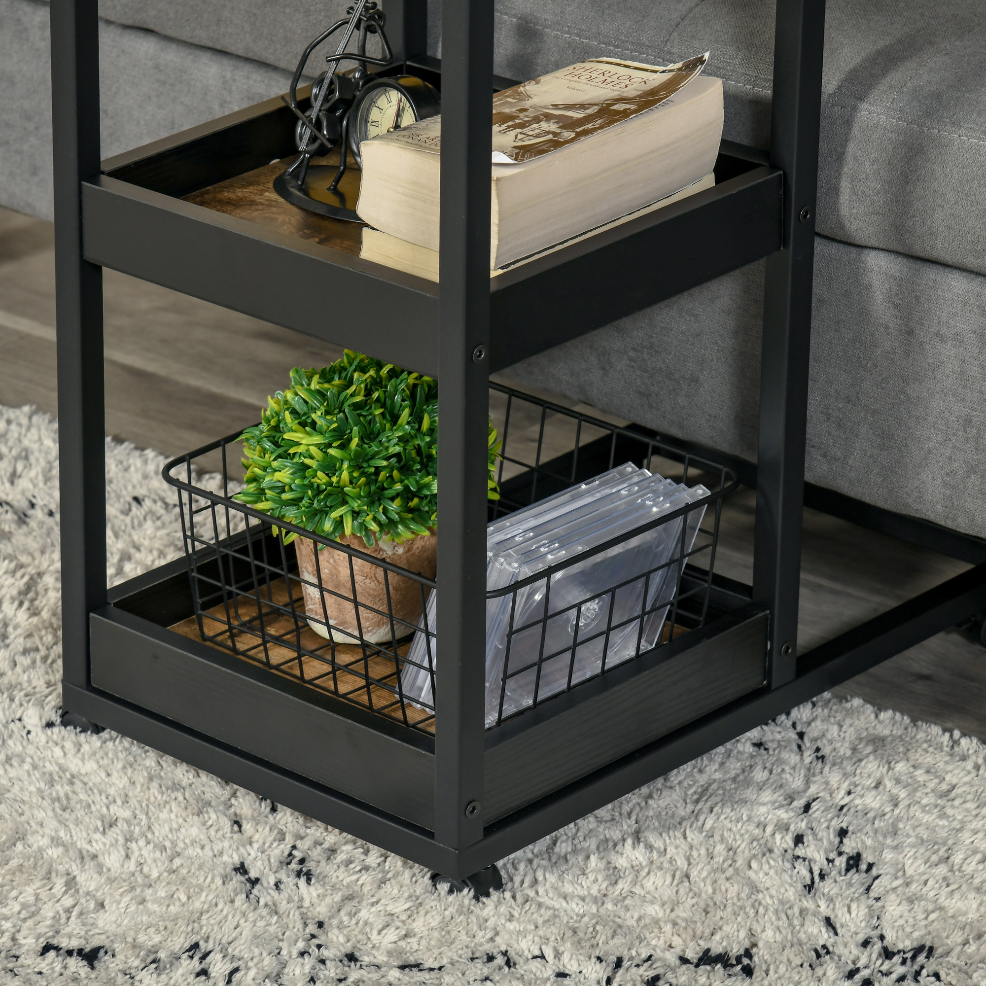 HOMCOM Mobile Sofa Side Table, Industrial C-Shaped Rolling Table with 3-Tier Storage Shelving, Four Lockable Wheels Steel Frame, Dark Brown 8