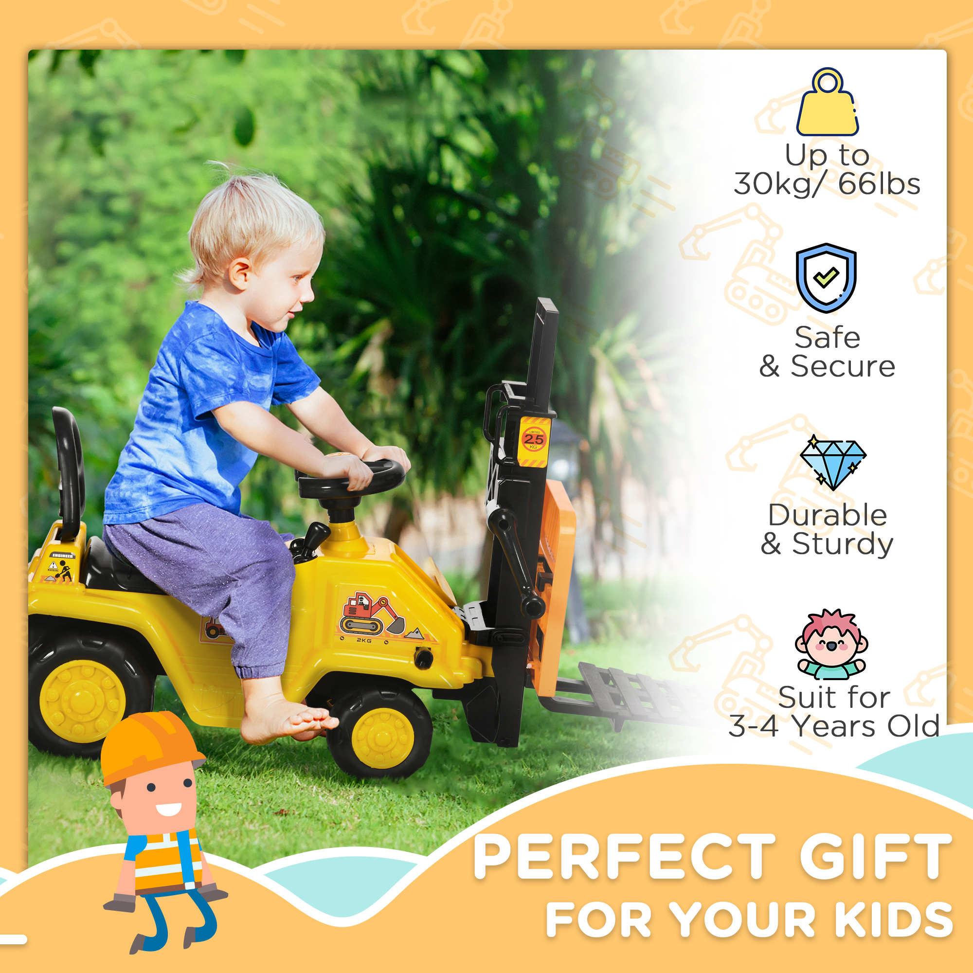 HOMCOM Kids Ride-On Construction Car, with Fork, Tray, Sounds Yellow 7