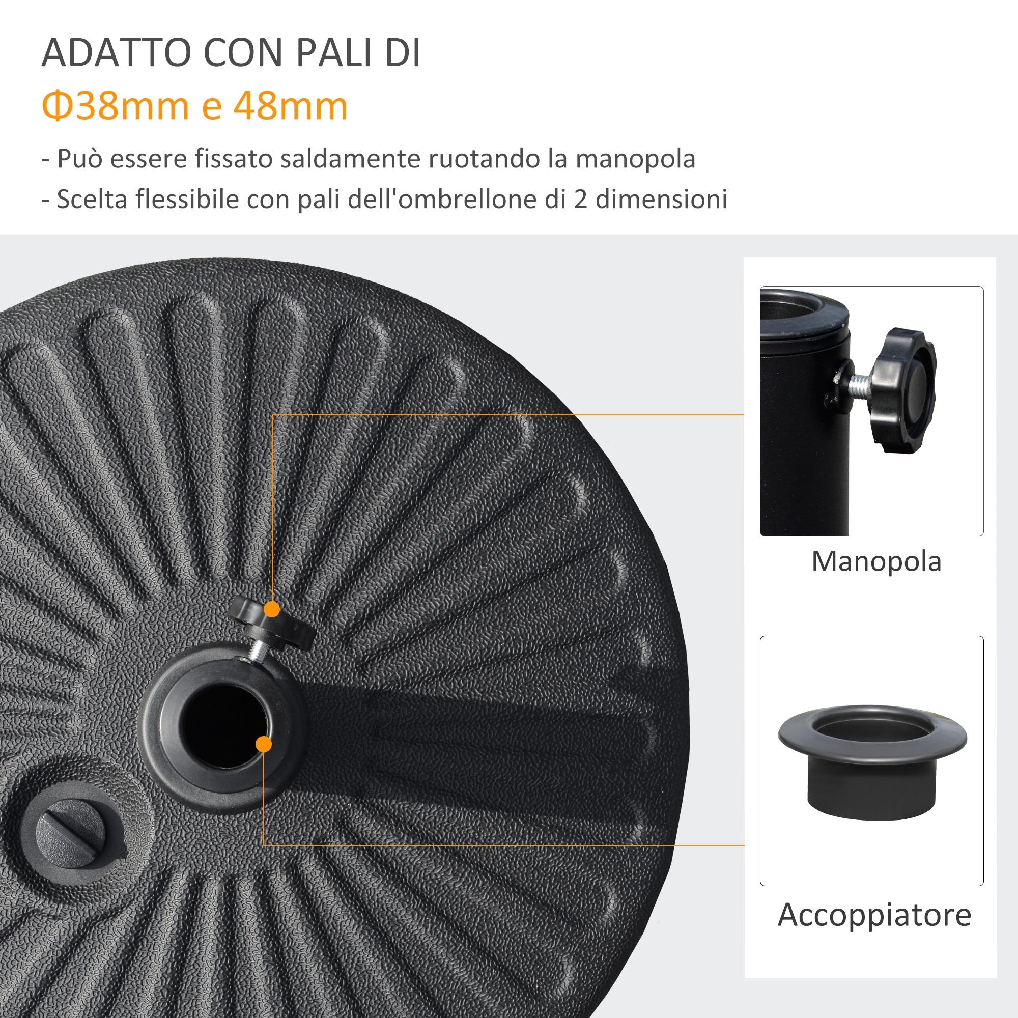 Base Per Ombrellone Relaxdays In Poliresina Nera - Diametro 38-48 Mm, Peso 12,5 Kg, Per Giardino, Terrazza, Balcone