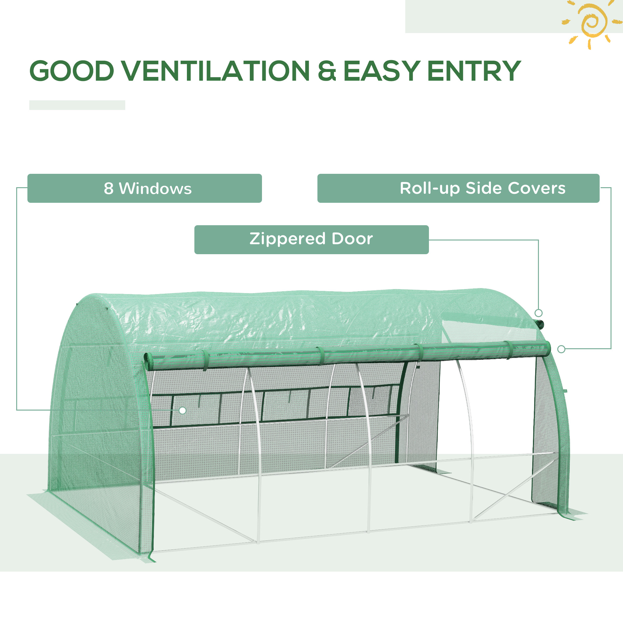 Outsunny Polytunnel Greenhouse Walk-in Grow House Tent with Roll-up Sidewalls, Zipped Door and 8 Windows, 4x3x2m Green 5