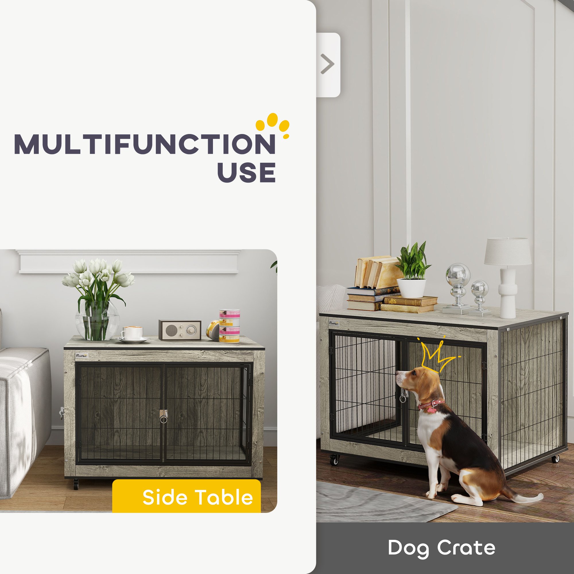 PawHut Dog Crate Furniture with Wheels, Double Doors, for Medium Dogs, Grey 4