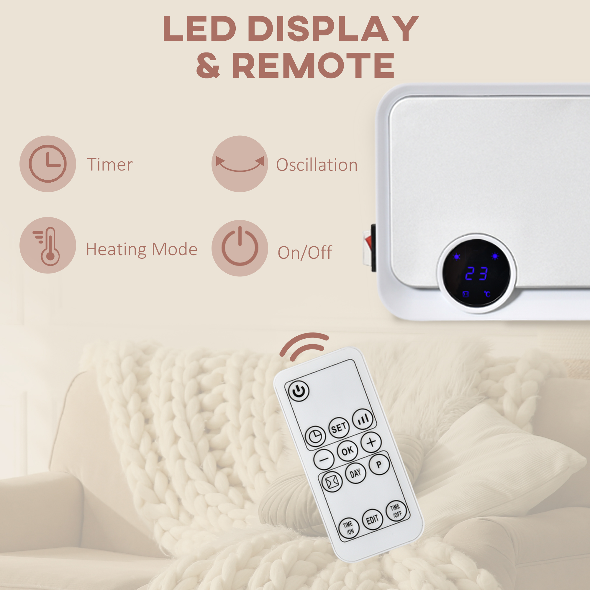 HOMCOM Wall Downflow Heater 2 Heat and Fan 1000W/2000W, Electric Space Heater with Timer Remote Oscillating, for Bedroom Home Office, White and Silver 5