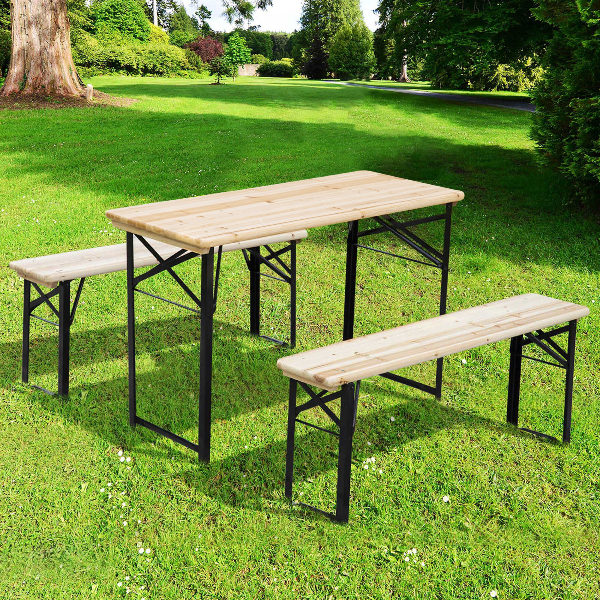 Outsunny Portable Folding Camping Picnic Table and Bench Set Garden BBQ Chairs Stools Trestle Wooden Wood (120cm(L) x 25cm(W) x 46cm(H)) 2
