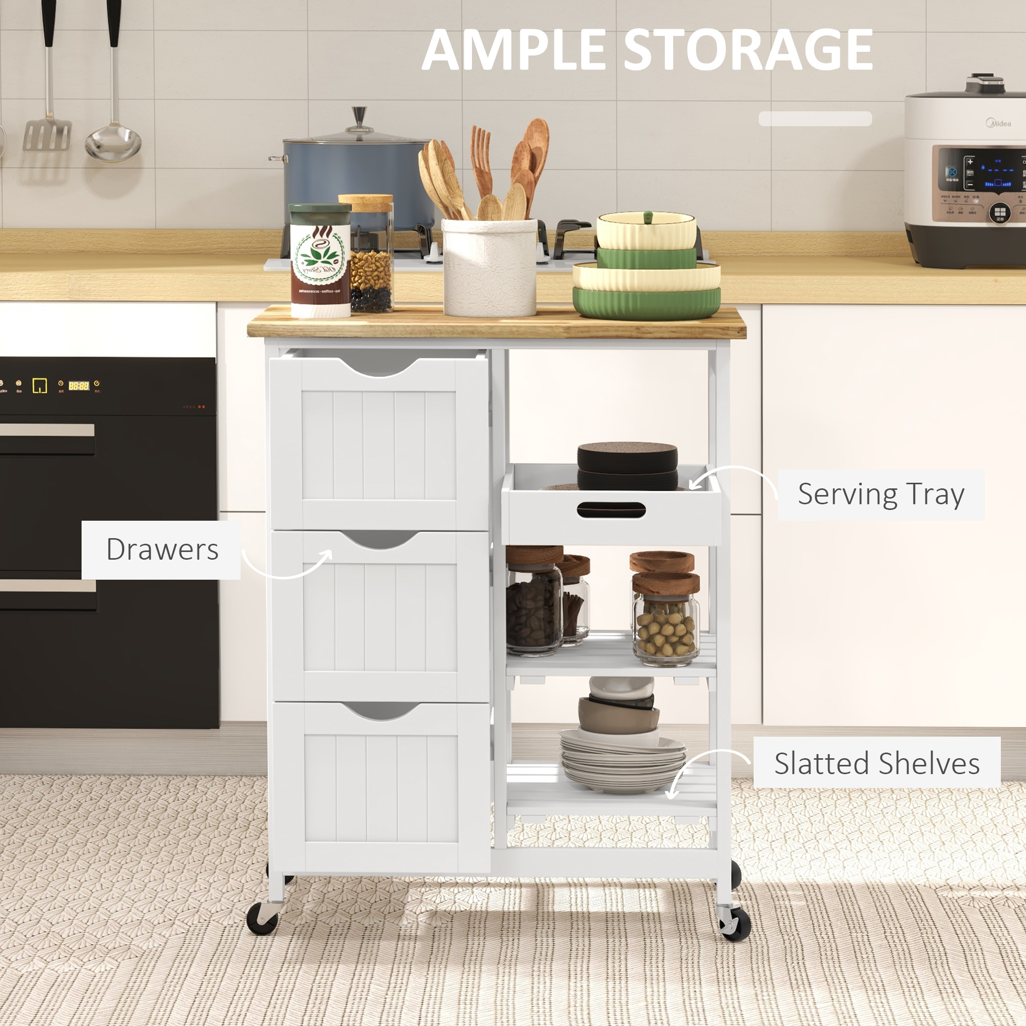 HOMCOM Rolling Kitchen Island Cart, Bar Serving Cart, Compact Trolley on Wheels with Wood Top, Shelves & Drawers for Home Dining Area, White 4