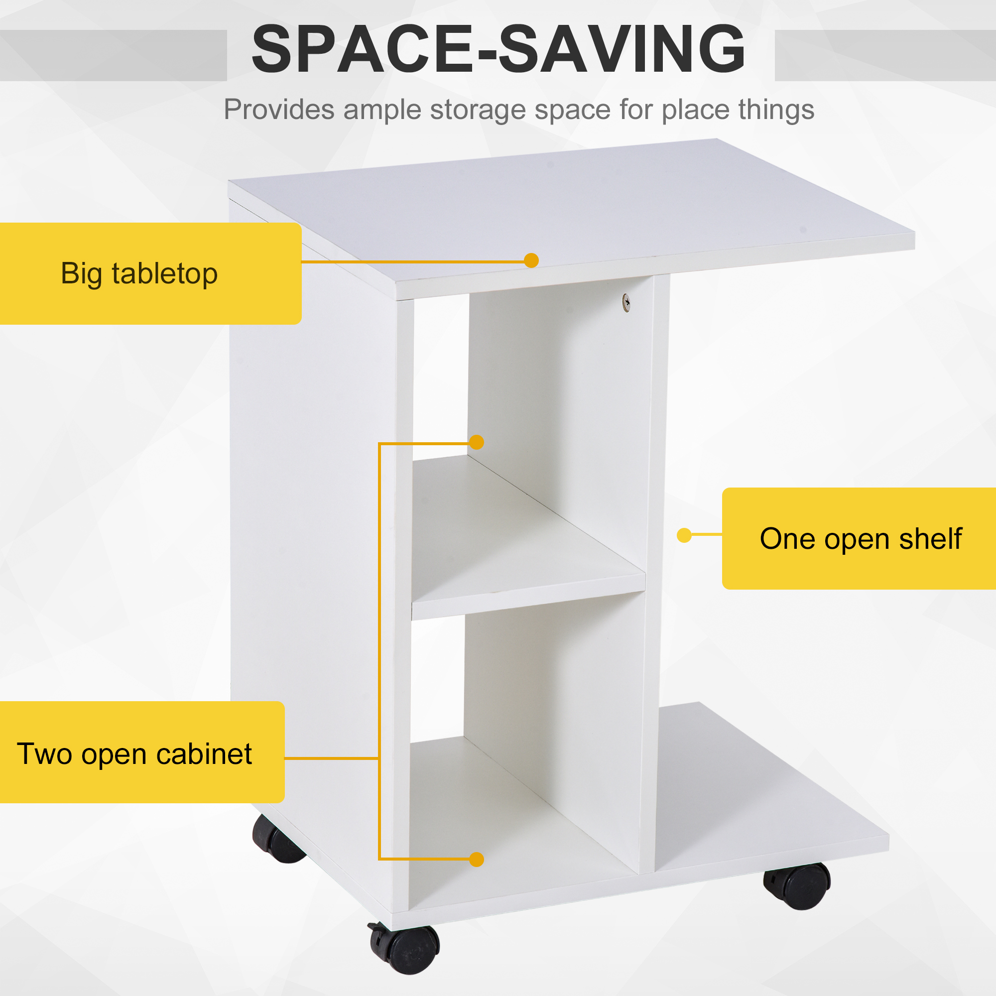 HOMCOM C-Shape End Table Unique Storage Unit w/ 2 Shelves 4 Wheels Freestanding Home Furniture Cabinet Square White 4
