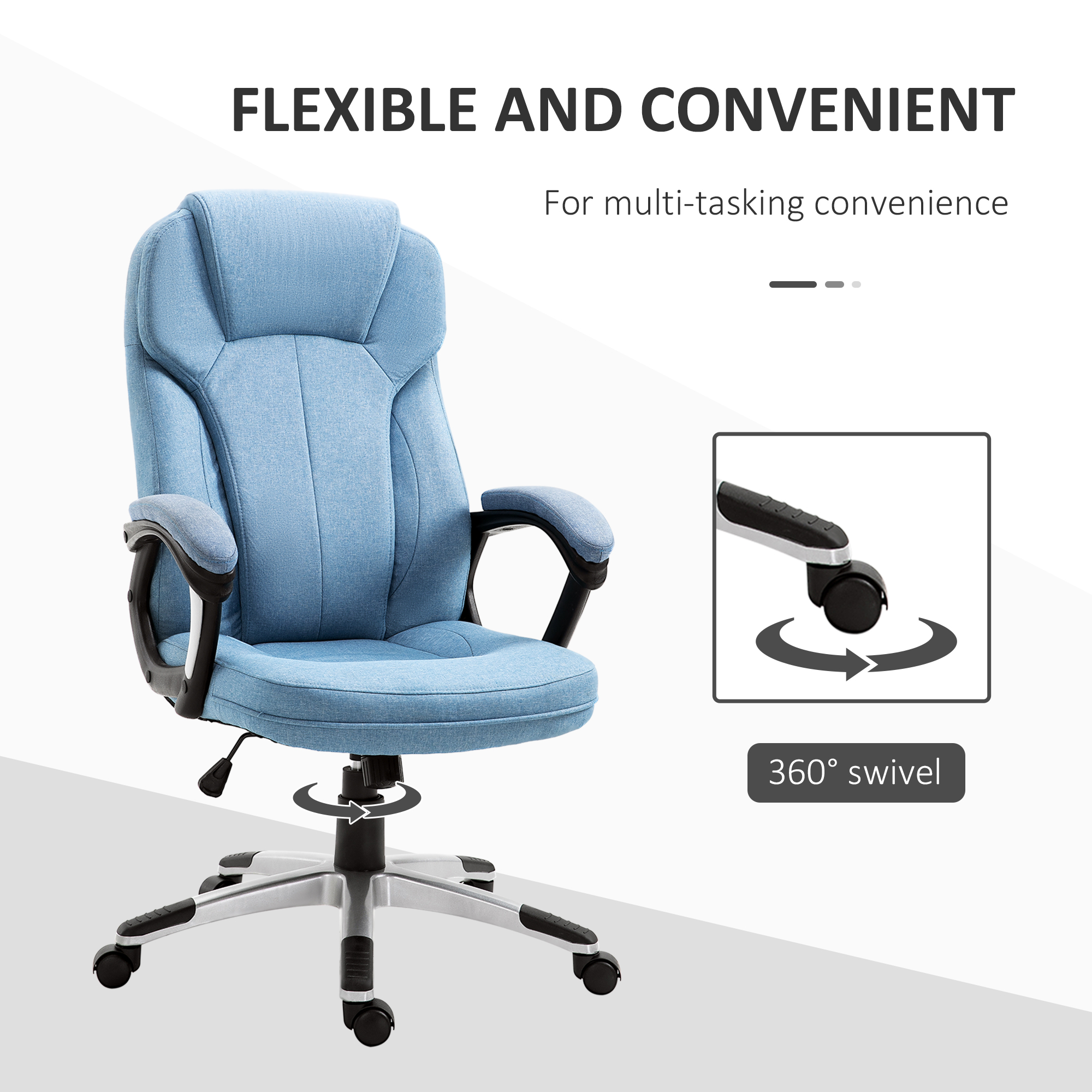 Vinsetto Office Chair, Linen Fabric Desk Chair, Height Adjustable Computer Chair with Padded Armrests, Swivel Wheels and Tilt Function, Blue 6