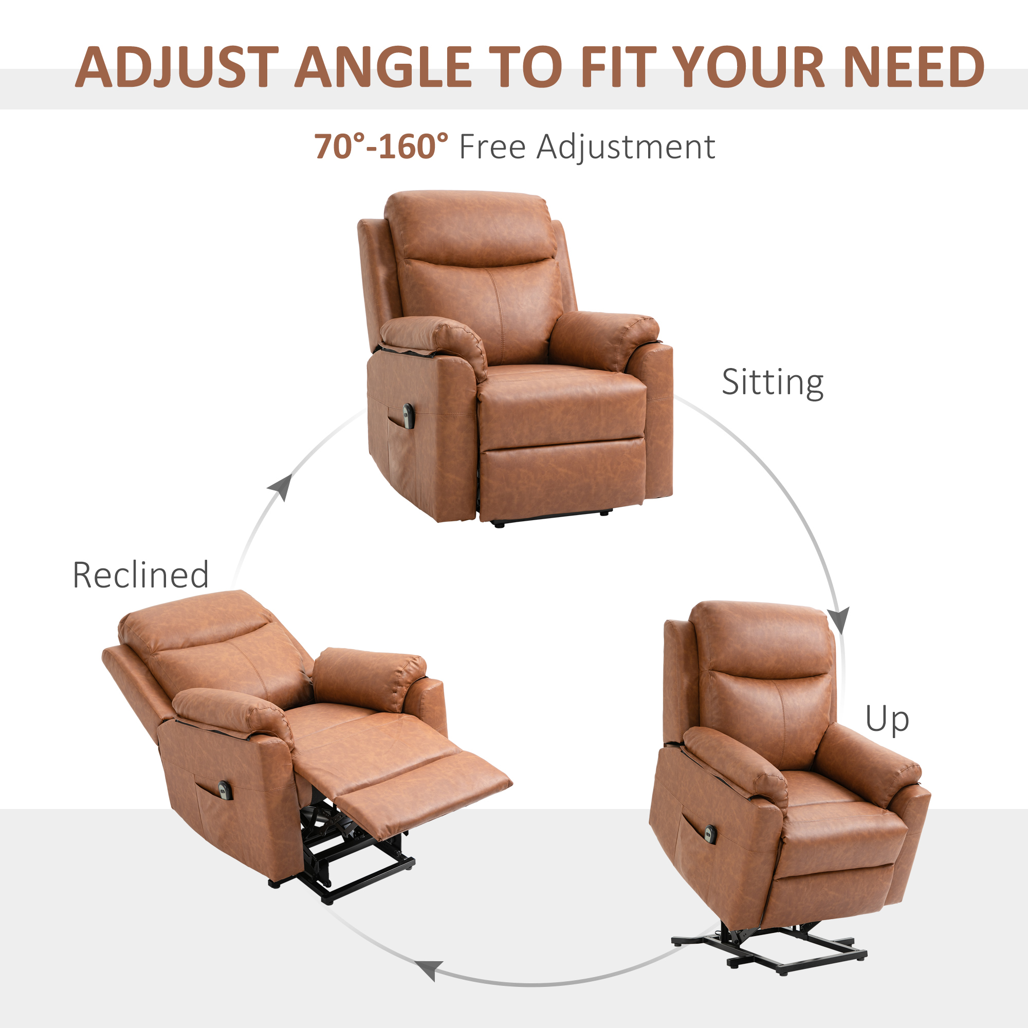 HOMCOM Faux Leather 70° Electric Riser Recliner Chair Brown 4
