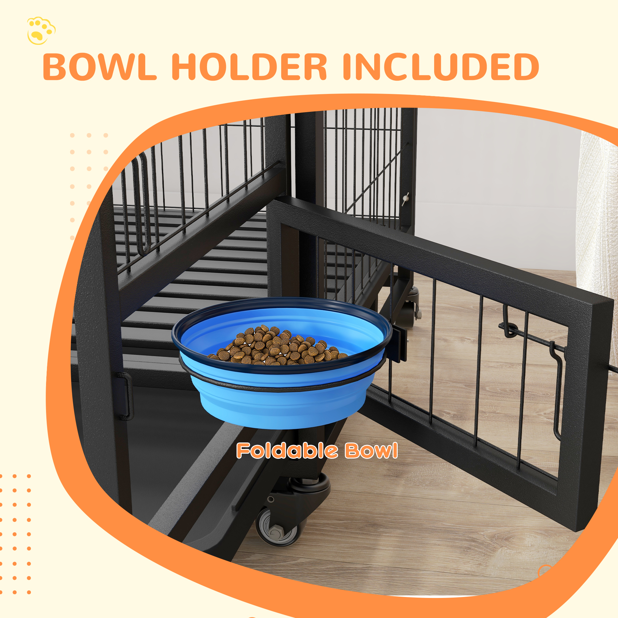 PawHut Heavy Duty Dog Crate on Wheels w/ Bowl Holder, Removable Tray, Openable Top, Detachable Door, for L, XL Dogs 5