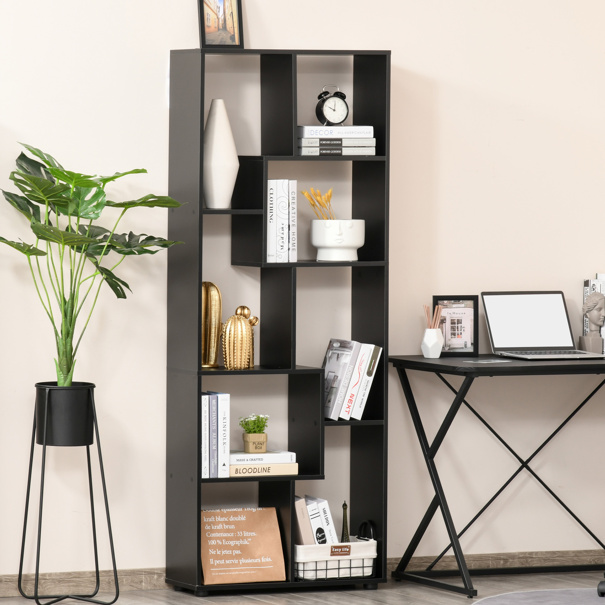 HOMCOM 8-Tier Freestanding Bookcase w/ Melamine Surface Anti-Tipping Foot Pads Home Display Storage Grid Stand Bedroom Living Room Furniture Modern Style Black 2