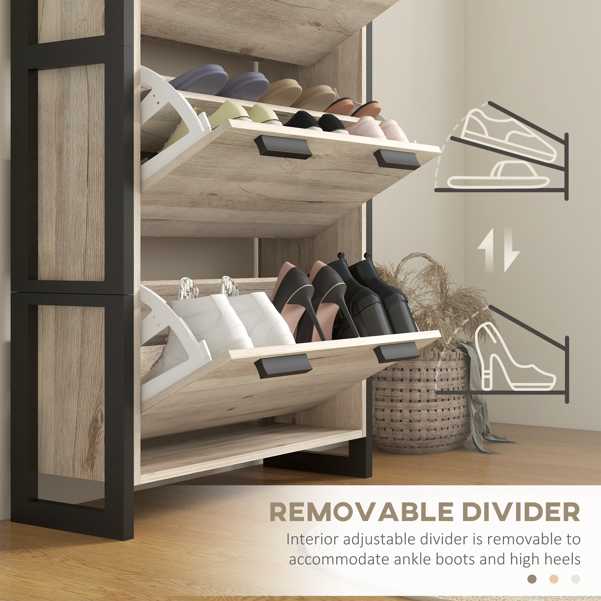 HOMCOM Shoe Storage Cabinet with 3 Flip Drawers Adjustable Shelf 18 Pairs Narrow Shoe Cupboard for Entryway Natural Wood-effect 6