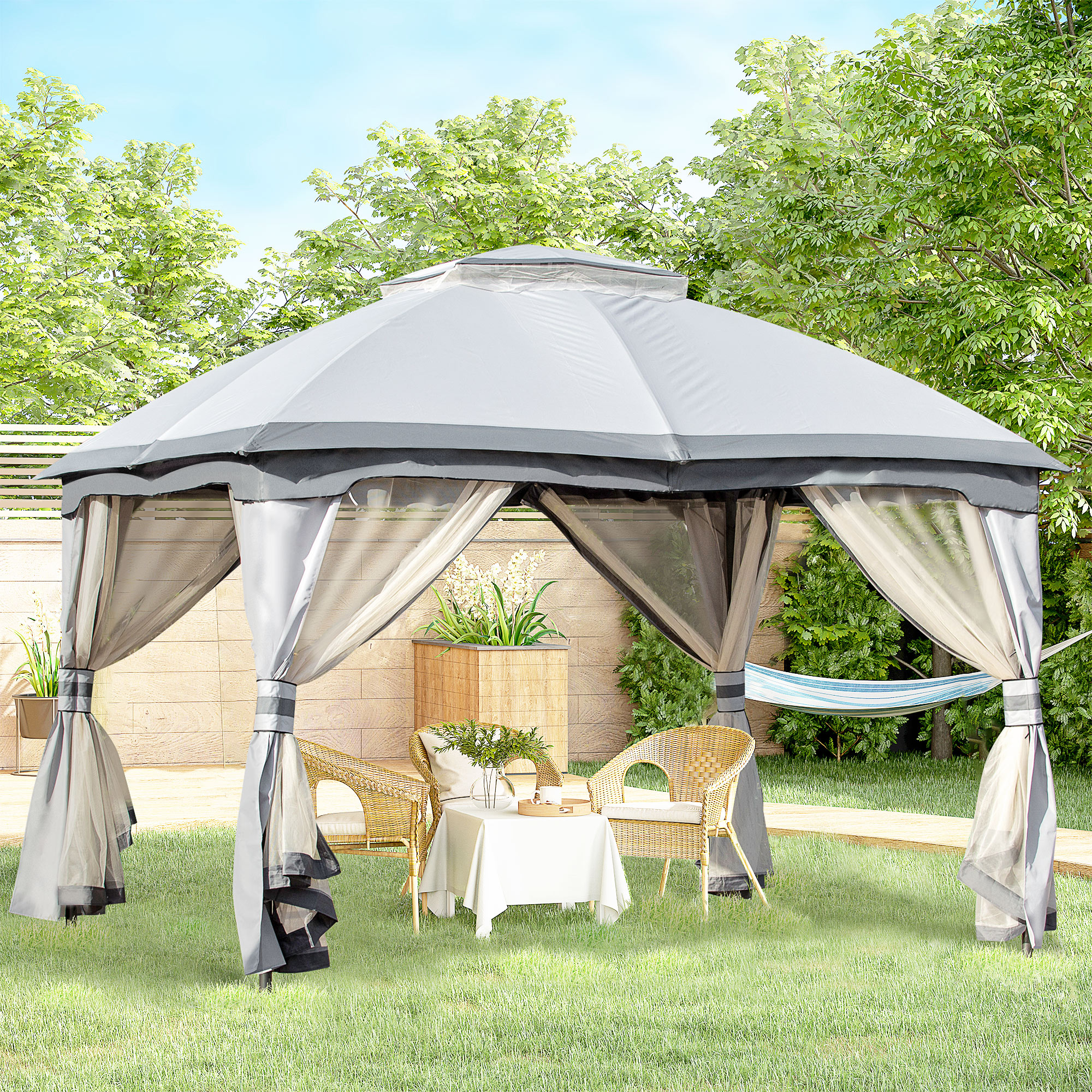 Outsunny 3.7 x 3(m) Metal Gazebo Canopy Party Tent Garden Patio Shelter with Netting Sidewalls & Double Tiered Roof, Grey 2