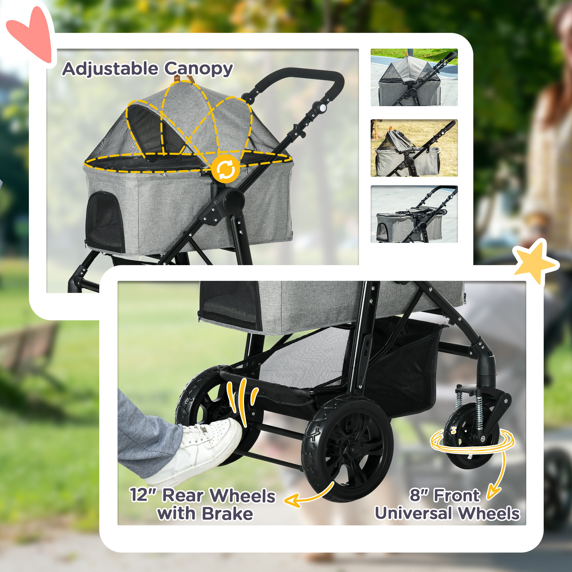 PawHut Dog Pram Pet Stroller for Small Dogs Cats, Foldable Dog Pushchair Trolley with Detachable Pet Carrier Bag, Shock Absorber, Adjustable Handlebar, Grey 7