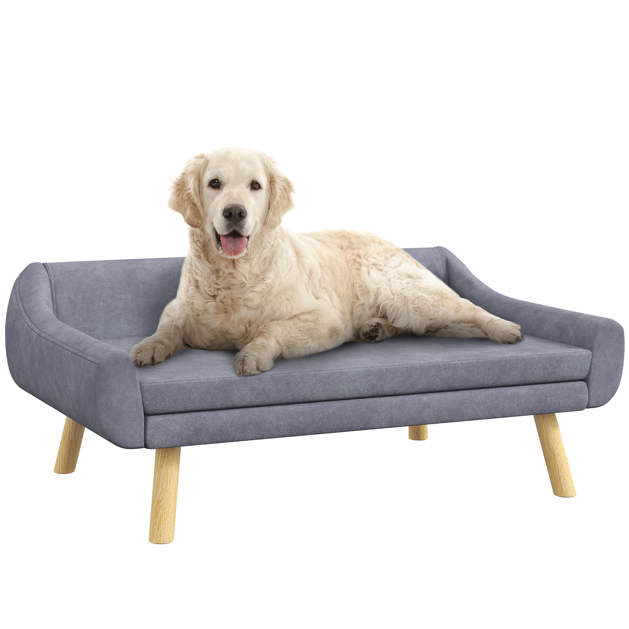 PawHut Dog Couch with Soft Cushion, Pet Sofa Bed with Wooden Frame, Removable Cover, for Medium and Large Dogs, Blue