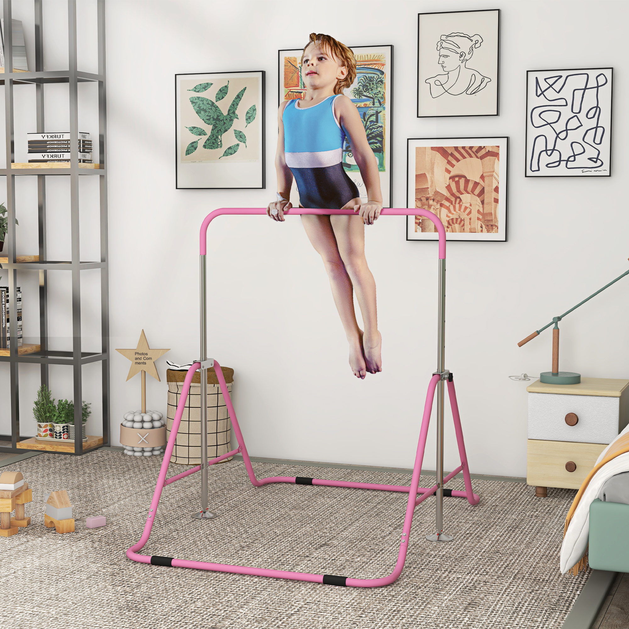 HOMCOM Kids Gymnastic Bar, with Adjustable Height, Foldable Horizontal Bars Pink 2