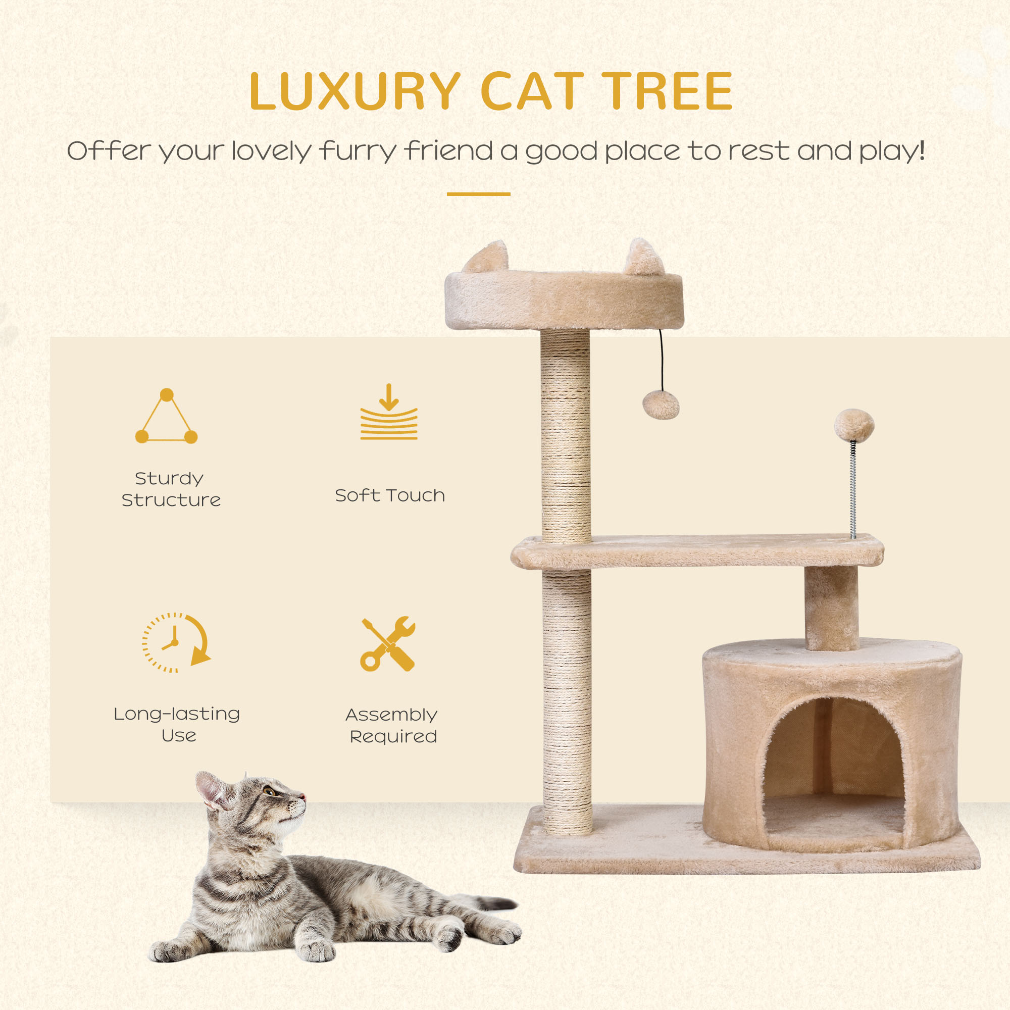 PawHut Cat Tree for Indoor Cats with Scratching Post Climbing Tower Kitty Activity Centre Condo Perch Jumping Platforms Beige 60L x 40W x 81H cm 4