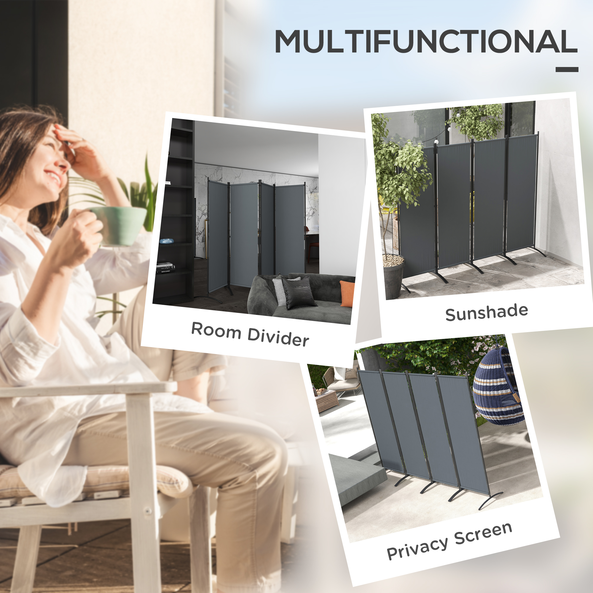 Outsunny 4 Panel Folding Garden Divider, 1.7m Privacy Screen with Wide Feet, Portable Freestanding Privacy Panel for Deck, Pool, Hot Tub, Dark Grey 4