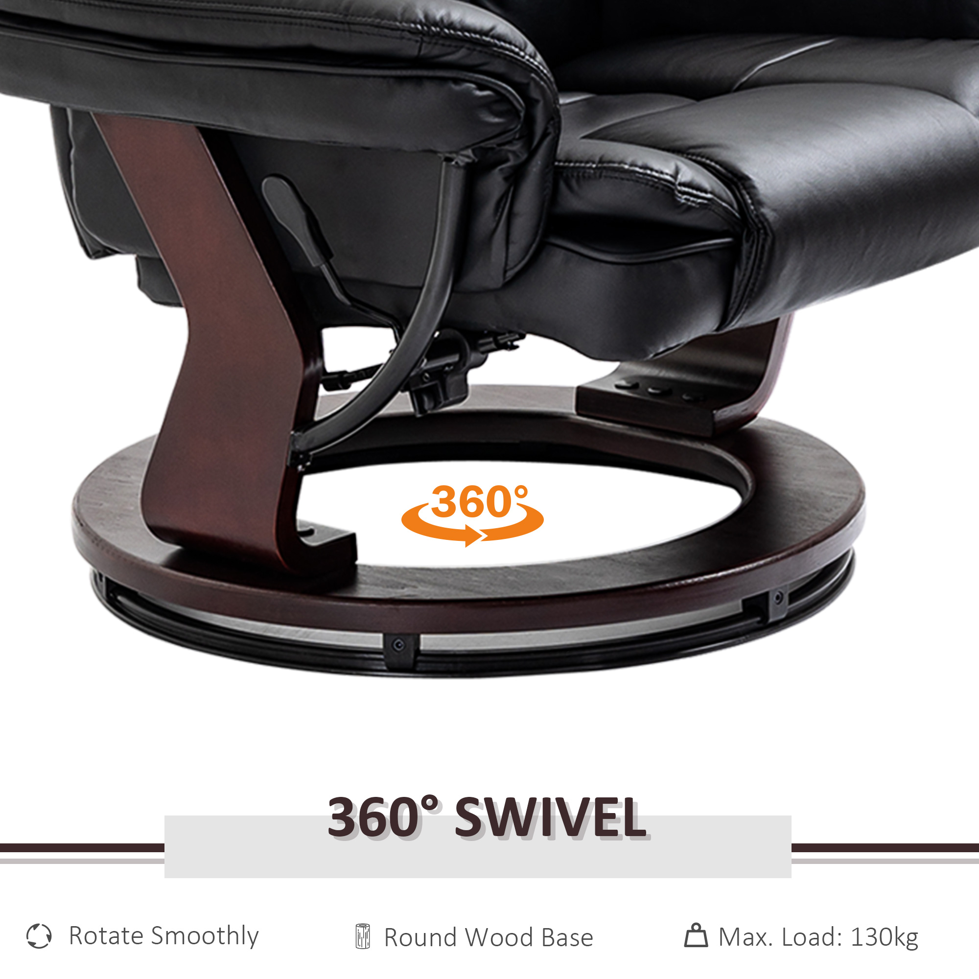 HOMCOM Recliner Chair With footstool, Recliner Armchair up to 130kg Weight Capacity, 135° Reclining Swivel Sofa Chair, PU Leather Ergonomic Couch Bed with Swivel Wood Base for Living Room, Black 5