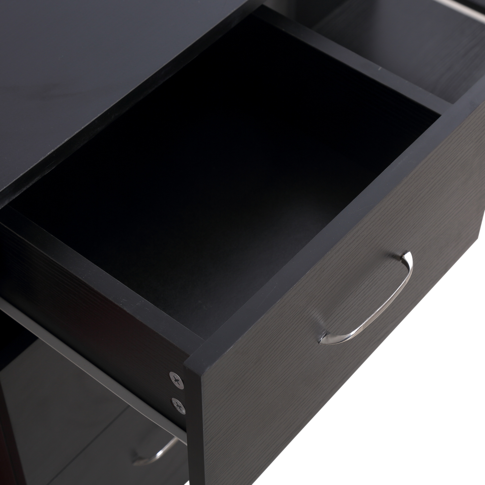 HOMCOM Computer Desk, Writing Table, PC Workstation with 3 Storage Shelves and Drawers, Silver Handle, for Home Office, Black 8