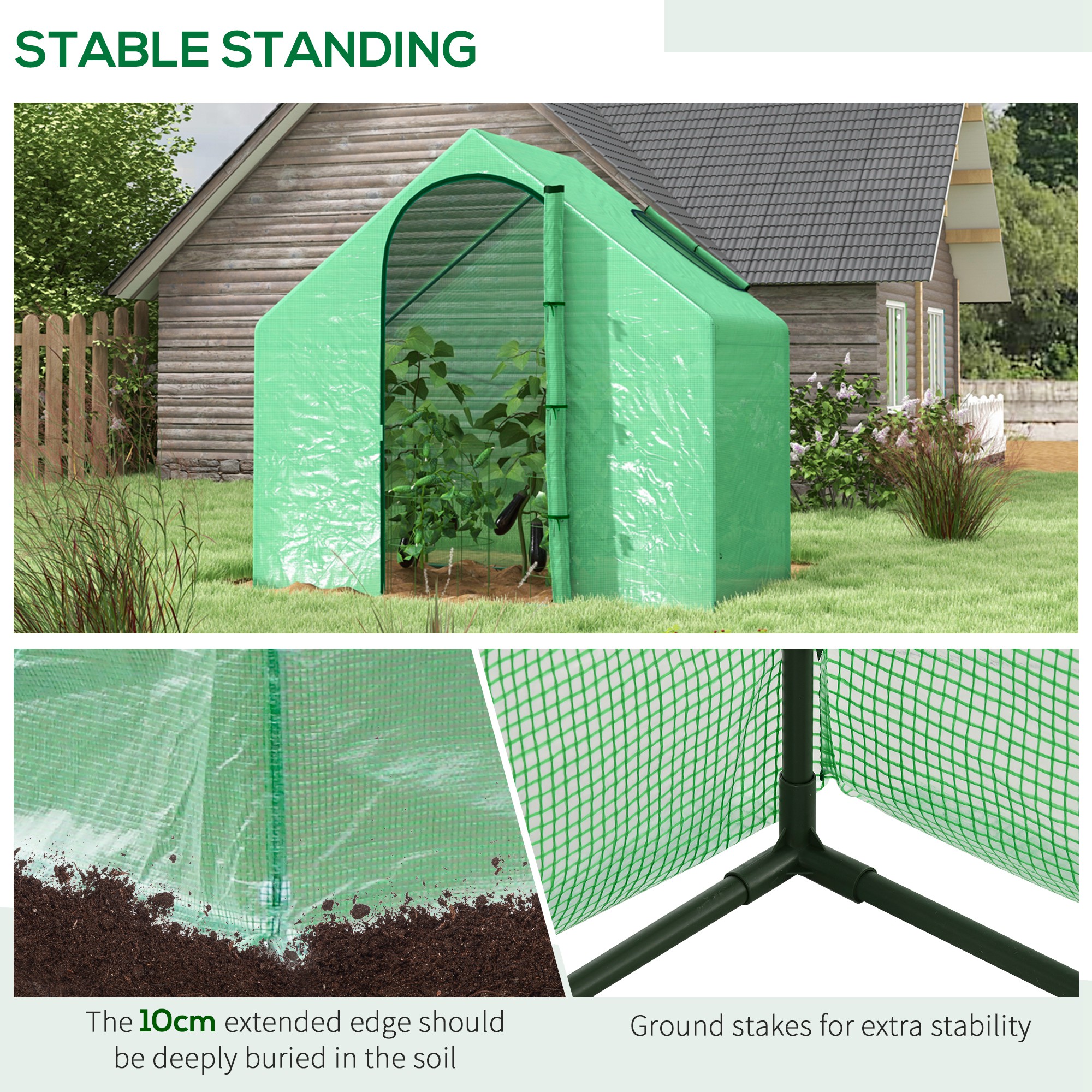 Outsunny Walk In Tomato Greenhouse Garden Outdoor Mini Greenhouse Flower Planter Steel Frame with Zipped Door & Window, PE Cover, 180 x 100 x 168CM, Green 6