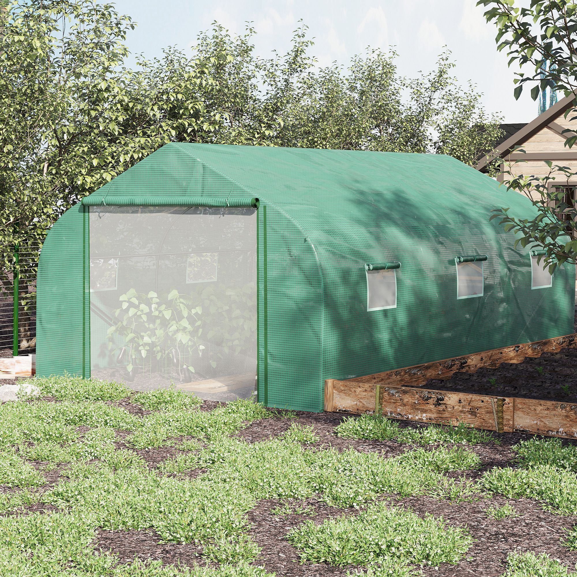 Outsunny Walk-in Polytunnel Garden Greenhouse, Outdoor Mesh Door Greenhouse with PE Cover and 6 Windows, 4.5 x 3 x 2m, Green 2