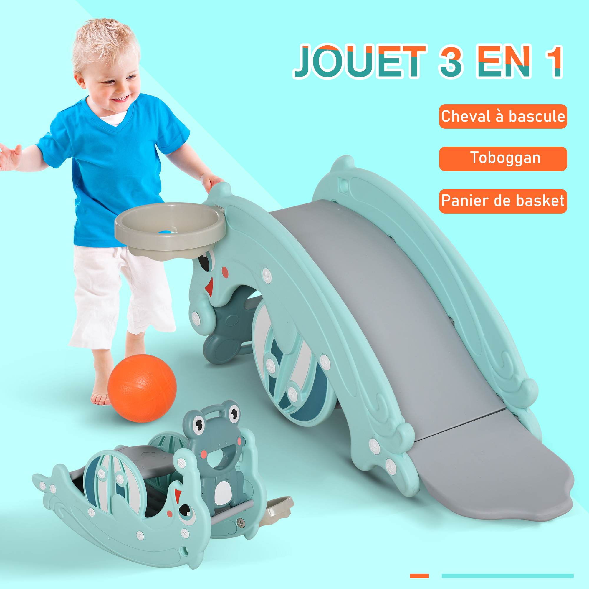 Cheval à Bascule HOMCOM Grenouille 3 En 1 Toboggan Panier Basket - 18-36 Mois Bleu Turquoise