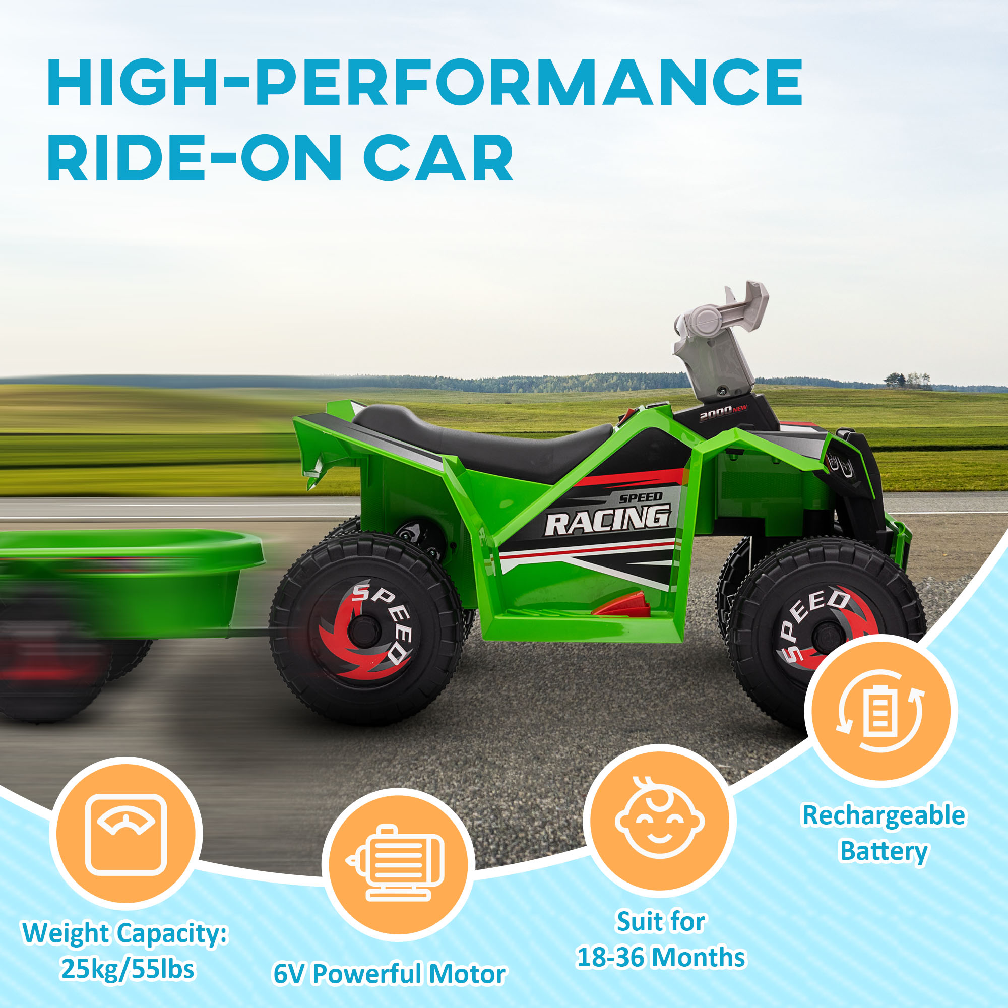 HOMCOM 6V Quad Bike with Back Trailer, Wear-Resistant Wheels, for Ages 18-36 Months, Green 6