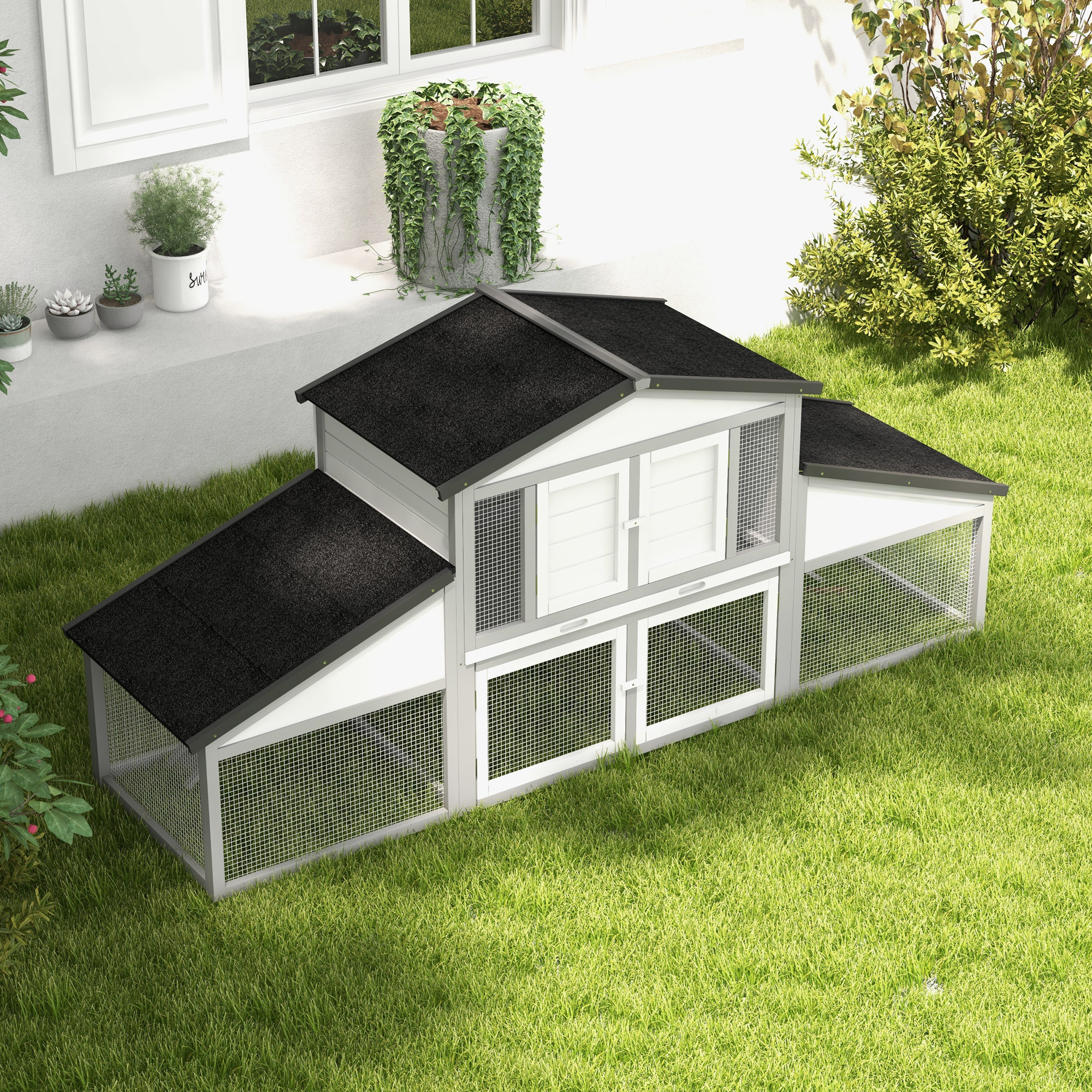 PawHut Large Rabbit Hutch with Run, Outdoor Bunny Cage, with Tray, Ramp Light Grey 9