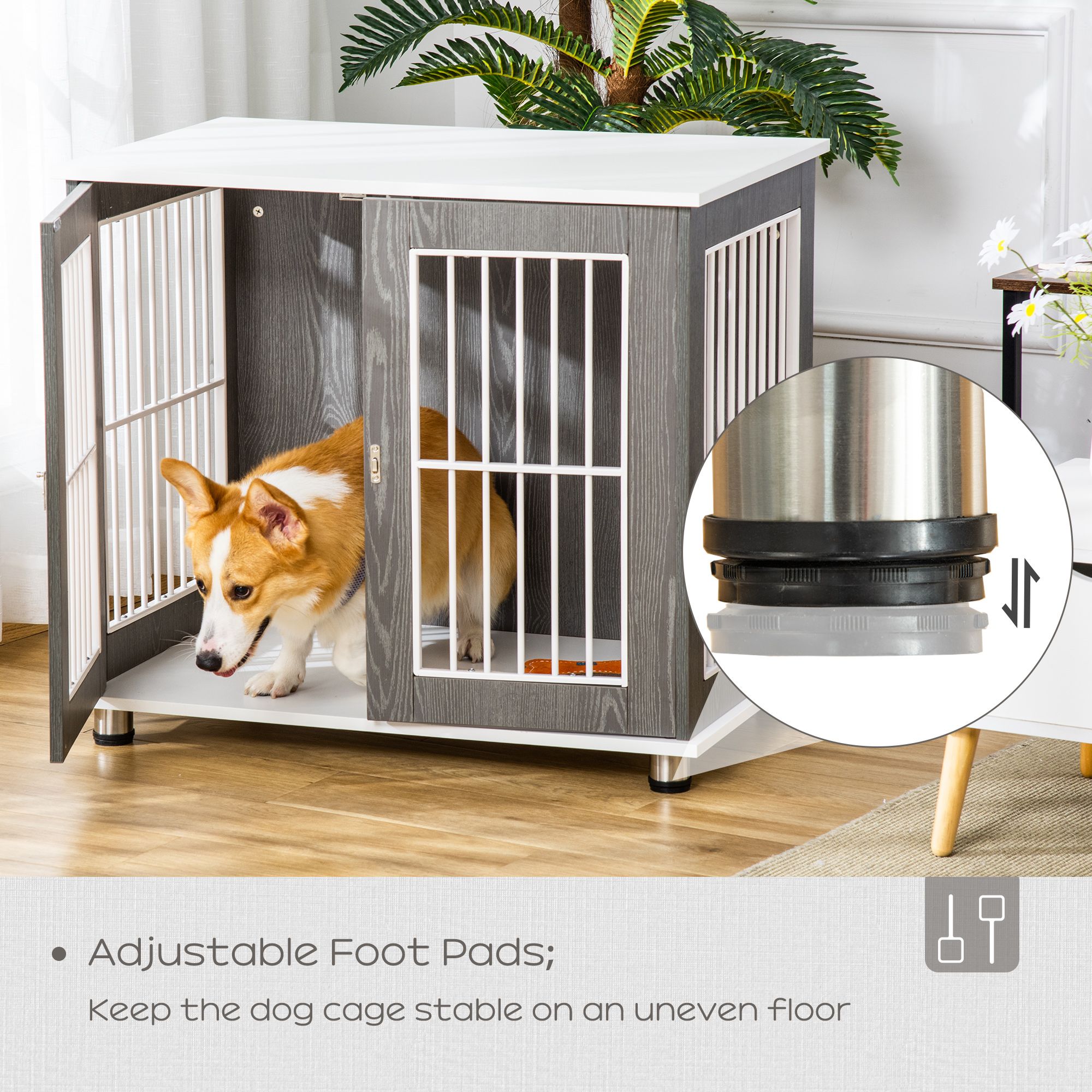 PawHut Dog Crate Wooden Pet Kennel Cage End Table w/ Lockable Door for Small Medium Dog Grey & White 85 x 55 x 75 cm 6
