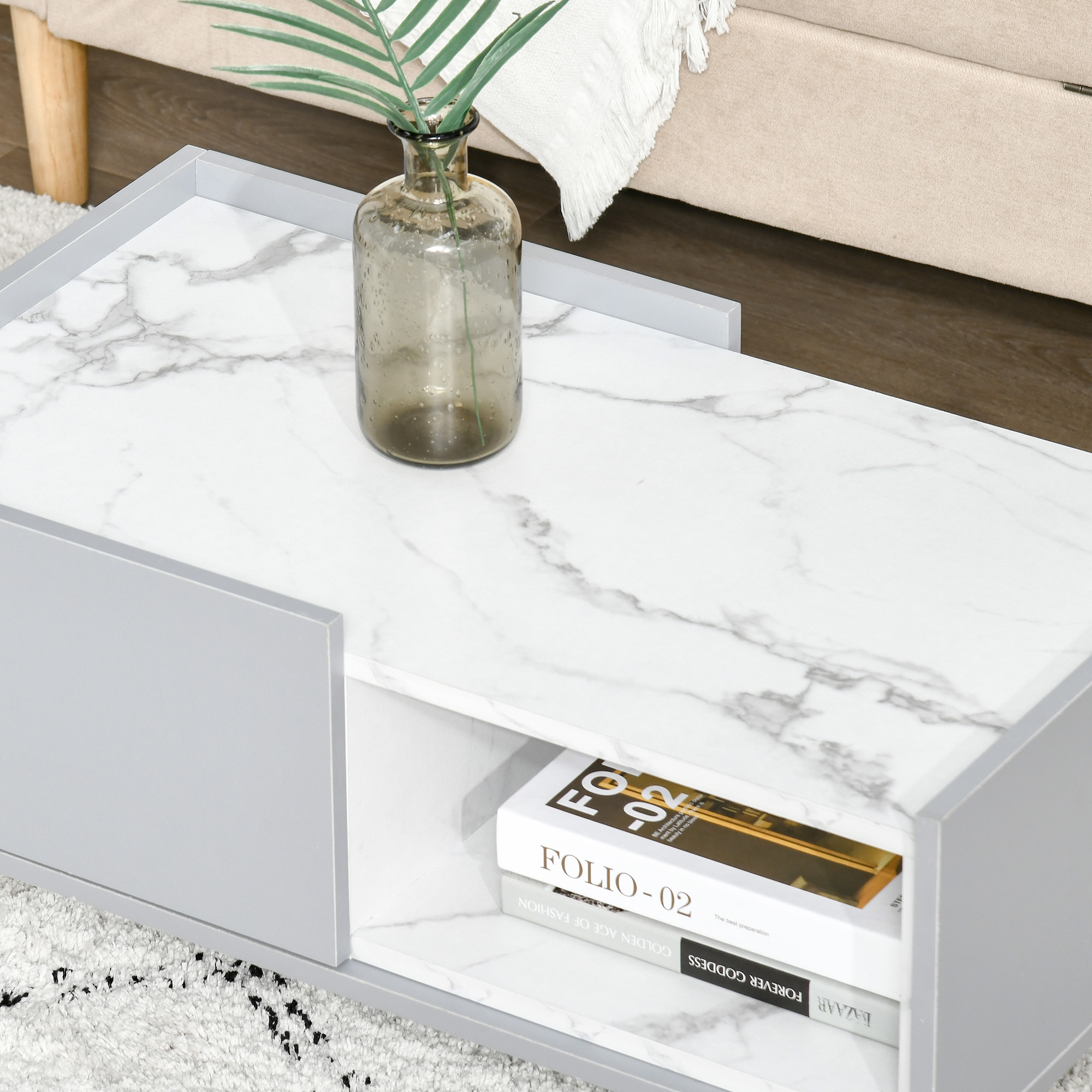 HOMCOM White Coffee Table with Faux Marble Top, 2-Tier Wood Center Table Sofa Table with Storage Drawer and Shelf for Home Living Room Reception Room 9