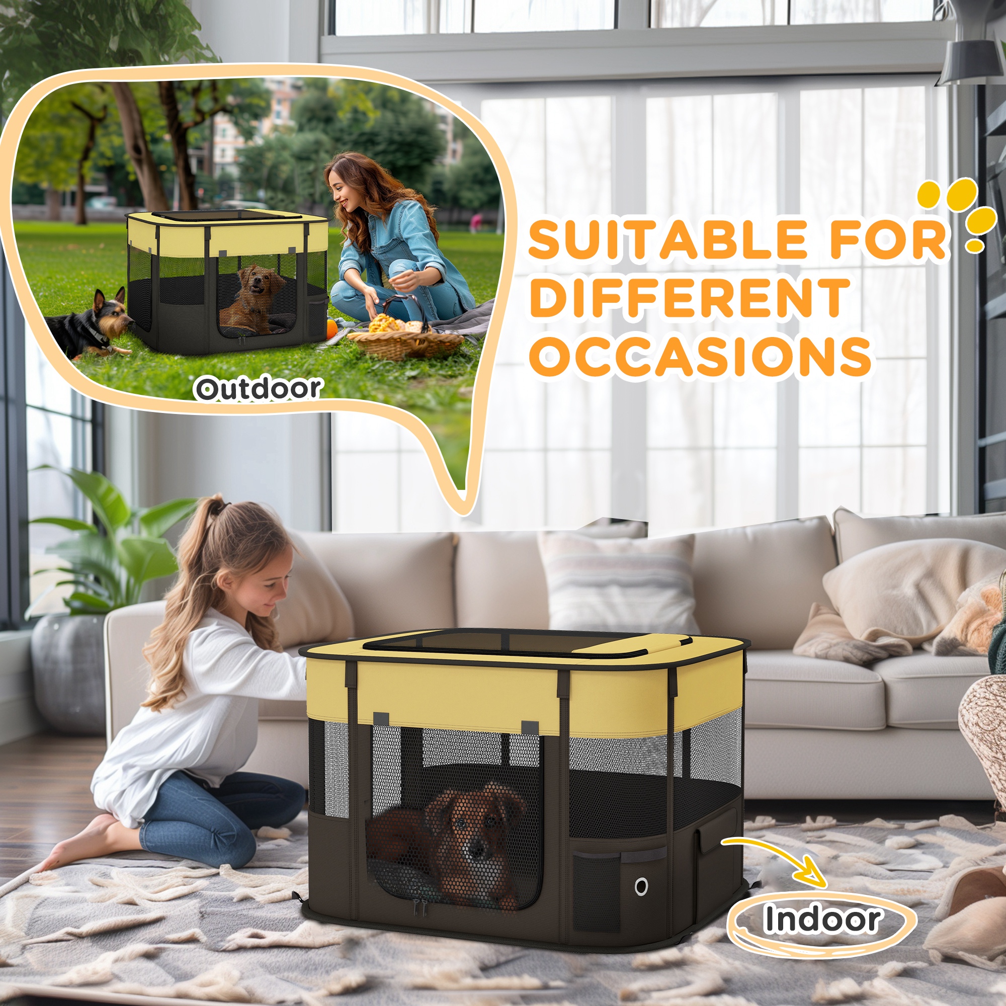 PawHut Foldable Dog Pen with Storage Bag for Indoor/Outdoor Use, Portable Pet playpen, with Ground Stakes Yellow 7