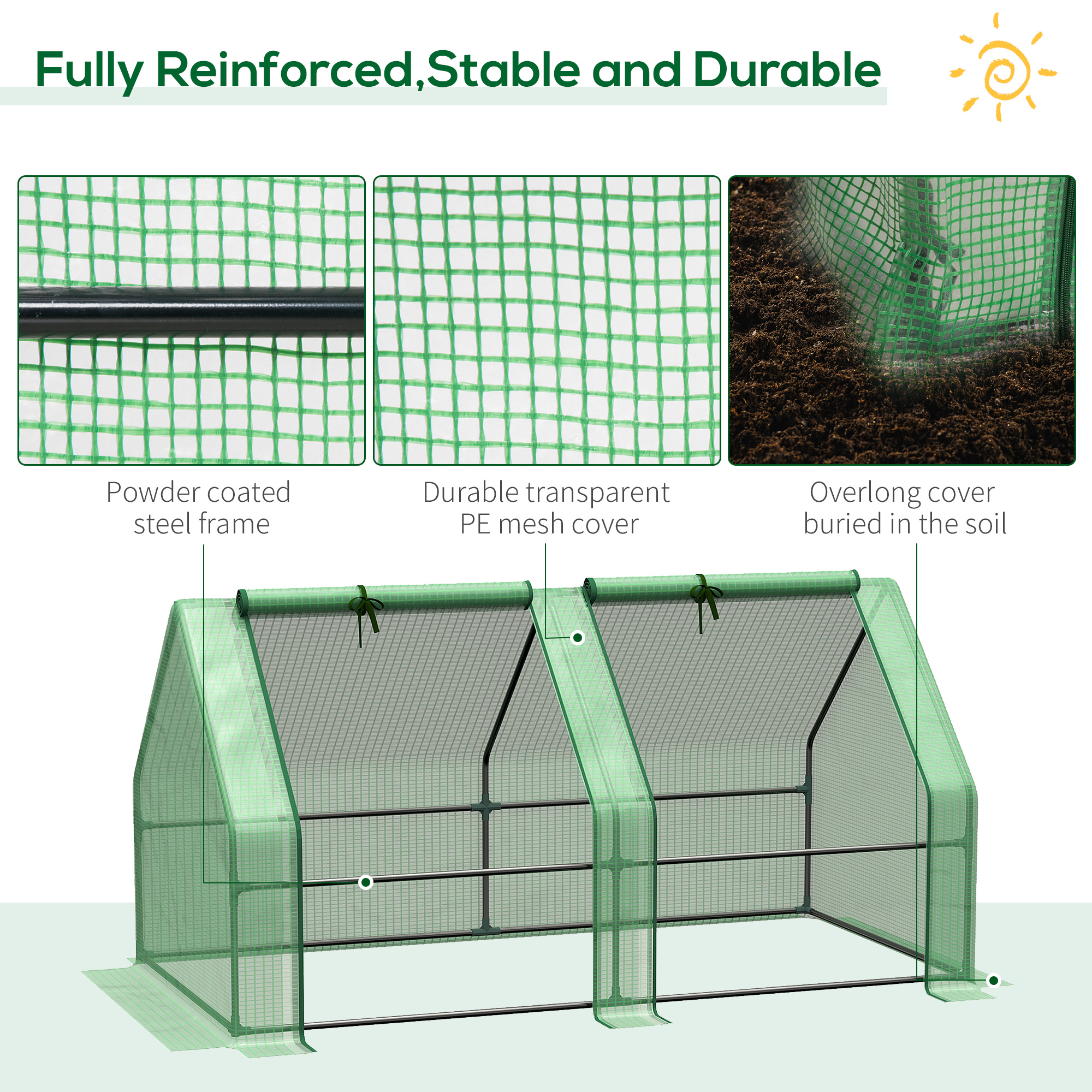 Outsunny Mini Small Greenhouse with Steel Frame & PE Cover & Zippered Window Poly tunnel Steeple for Plants Vegetables, 180 x 90 x 90 cm, Green 5