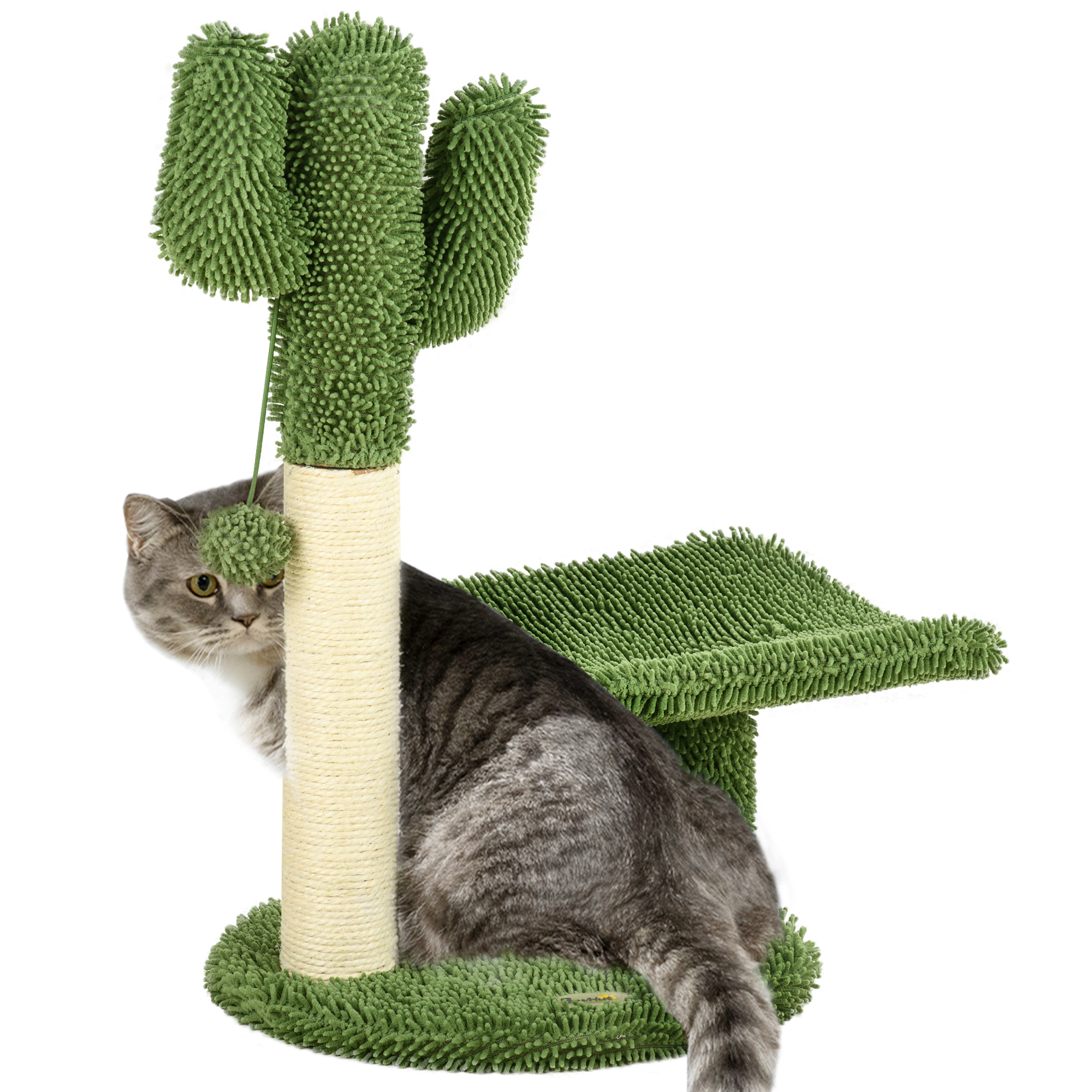 Image of PawHut Albero per Gatti a forma di Cactus con Tiragraffi e Pallina da Gioco, 35x31x55.5 cm, Verde e Bianco Aosom006