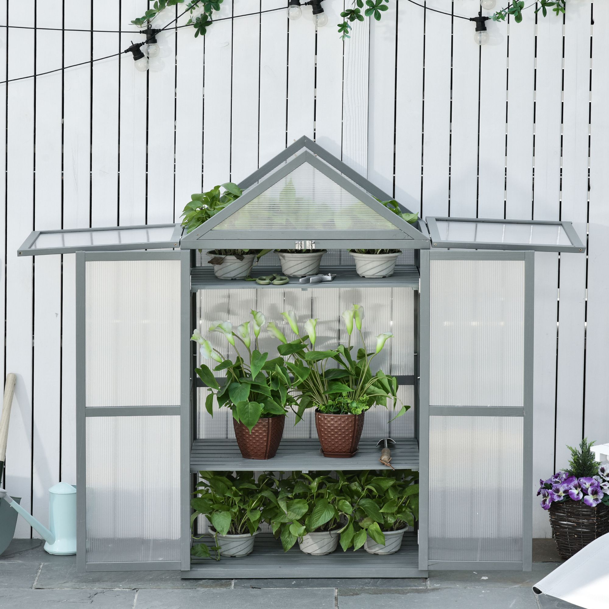 Outsunny Garden Cold Frame Polycarbonate Greenhouse with Adjustable Shelves, Double Doors, Openable Top Covers, Grow House for Flower Vegetable Plants, 80 x 47 x 138cm, Grey 2