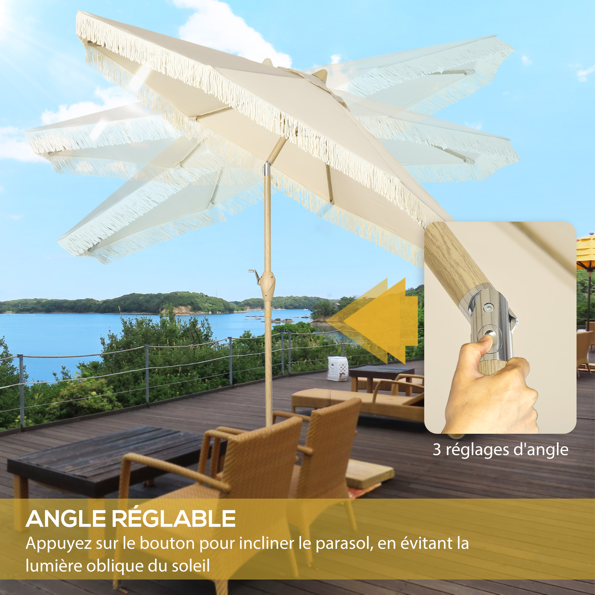 AMMSUN Parasol De Terrasse De 2,1 M Avec Frange, Parasol D'extérieur UPF50 , Poteau En Acier Couleur Bois Et Baleines En Acier, Bouton Poussoir D' Inclinaison, Couleur Bois, Orange, 7