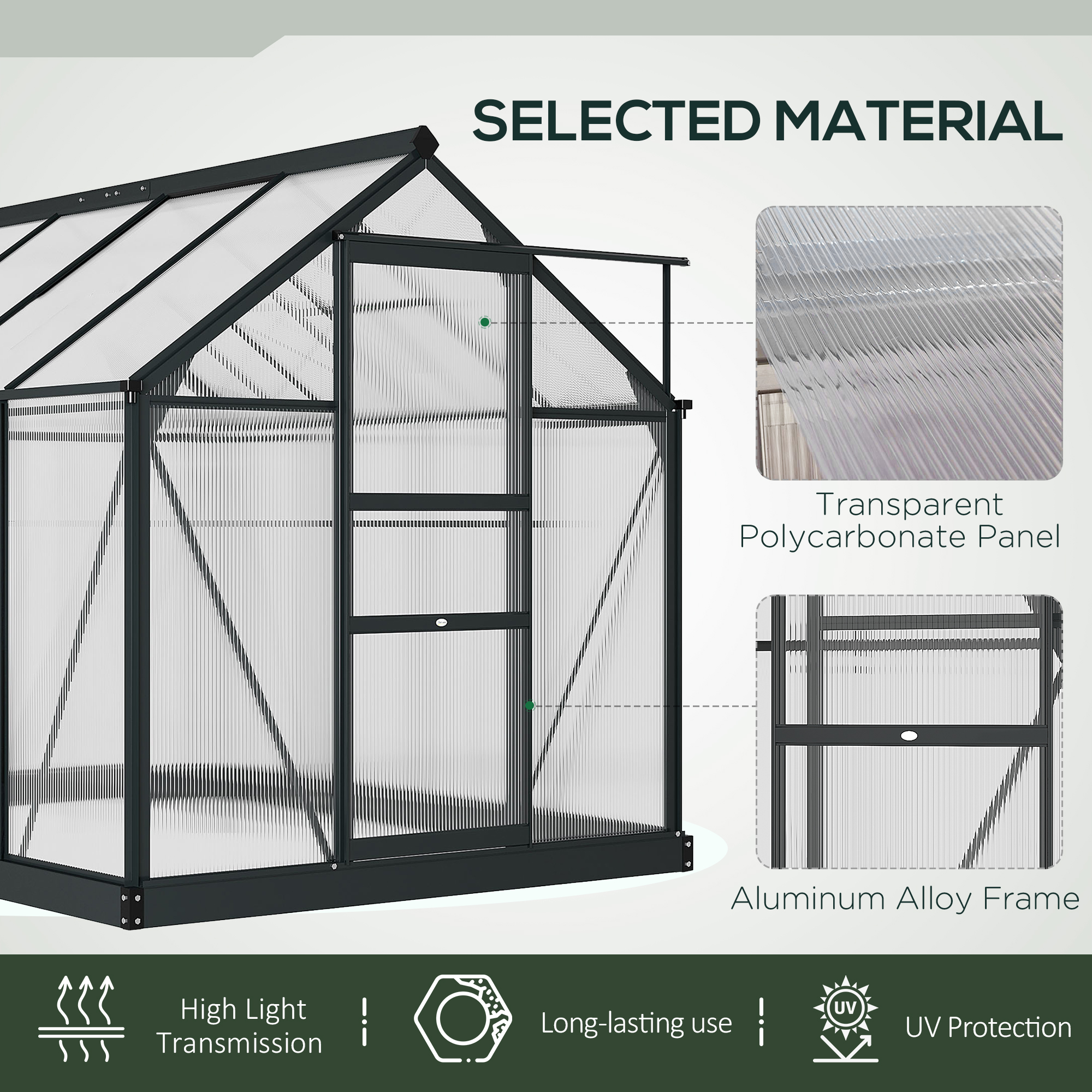Outsunny 6 x 8ft Polycarbonate Greenhouse, Large Walk-In Green House with Slide Door and Window, Garden Plants Grow House with Aluminium Frame and Foundation, Grey 5