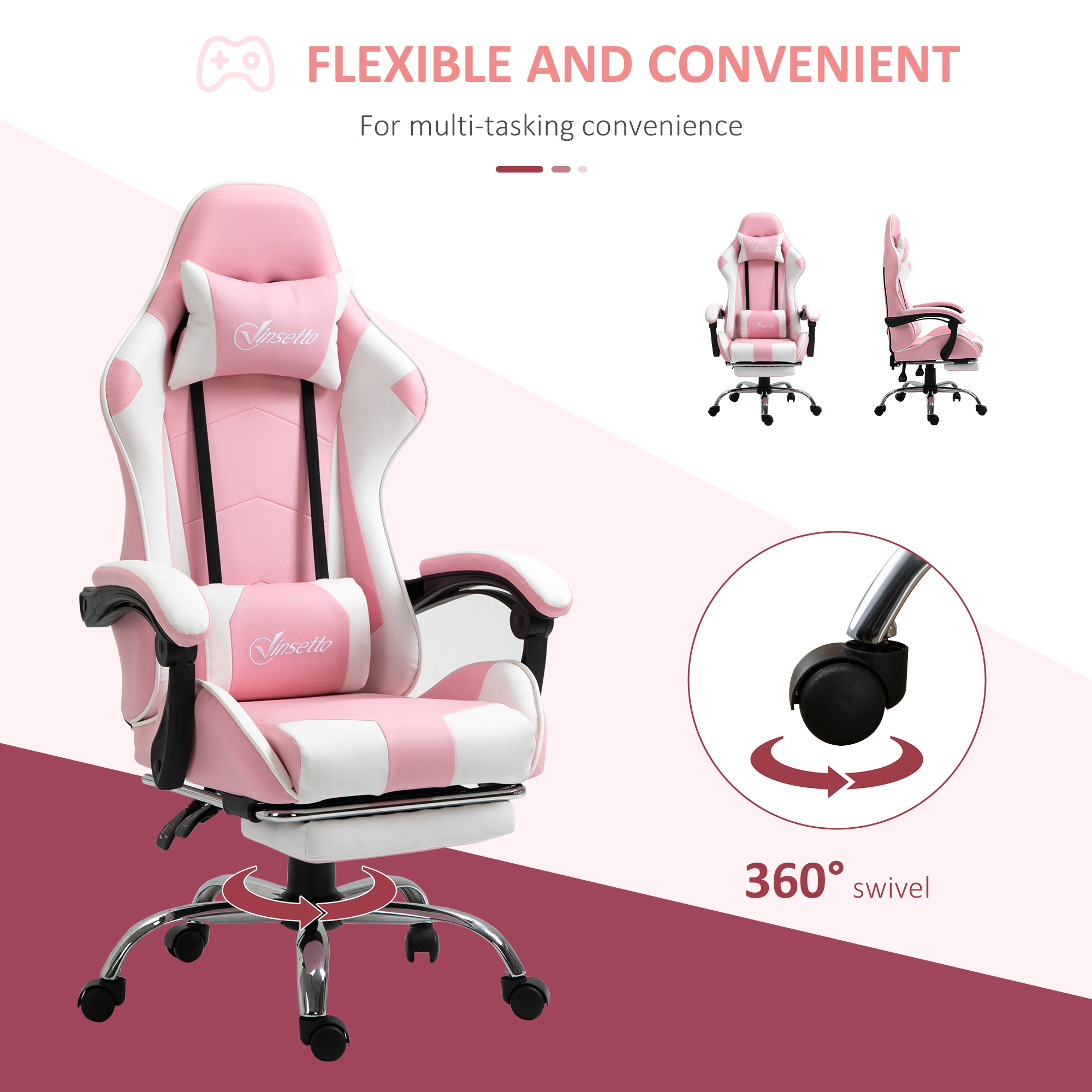 Vinsetto Ergonomic Gaming Chair, PU Leather Reclining Computer Chair with Footrest and Lumbar Support, Headrest and Adjustable Height for Adults, Pink 6