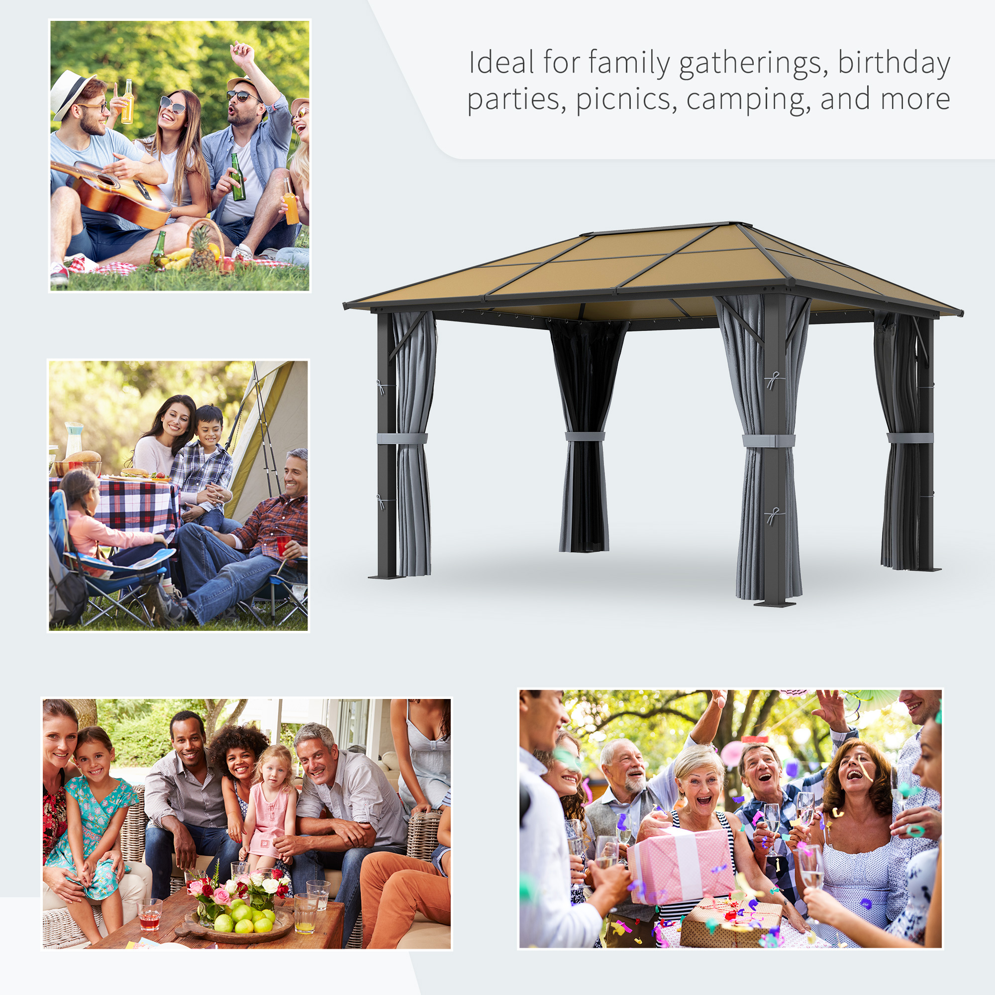 Outsunny 3 x 3.6m Garden Aluminium Gazebo Hardtop Roof Canopy Marquee Party Tent Patio with Mesh Curtains & Side Walls Grey 7