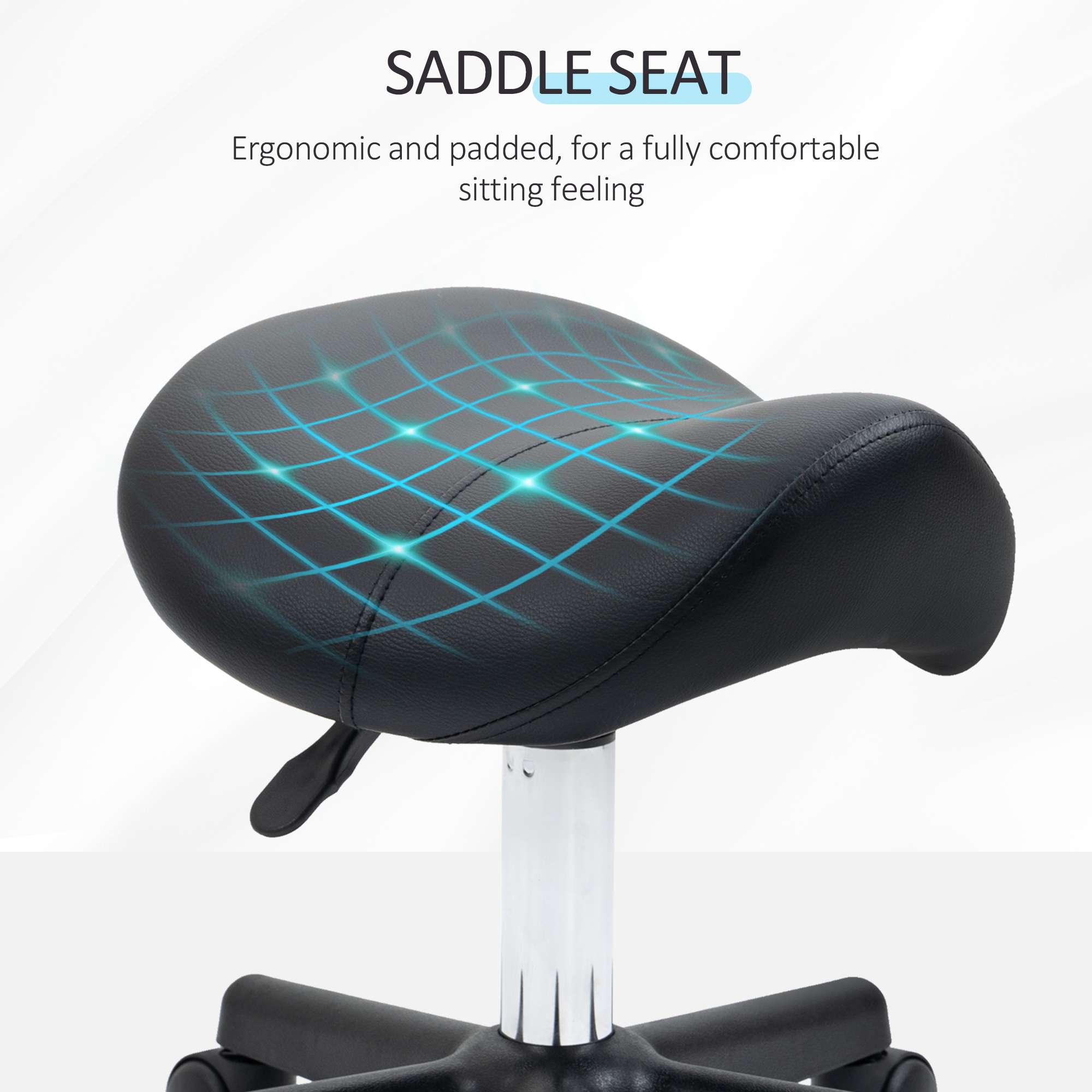 HOMCOM Saddle Stool, PU Leather Adjustable Rolling Salon Chair with Steel Frame for Massage, Spa, Beauty and Tattoo, Black 6