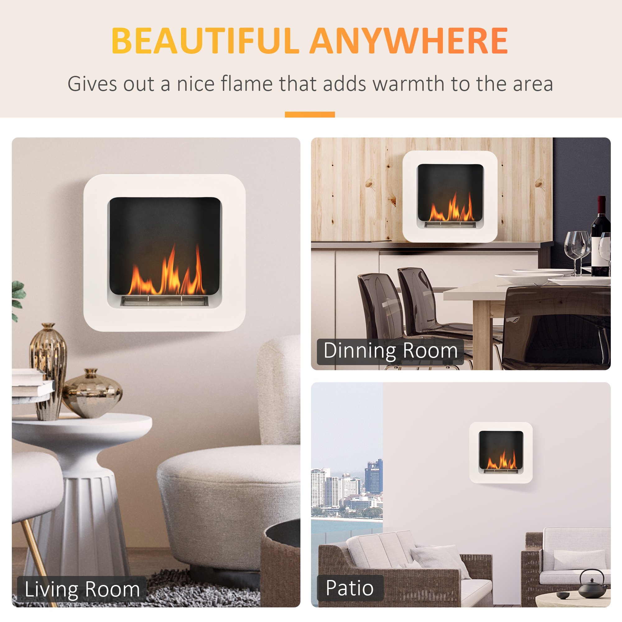 HOMCOM Wall Mounted Ethanol Fireplace, Bioethanol Heater Stove Fire with 1L Tank, 2.5 Hour Burning Time, 48 x 48 cm, White 6