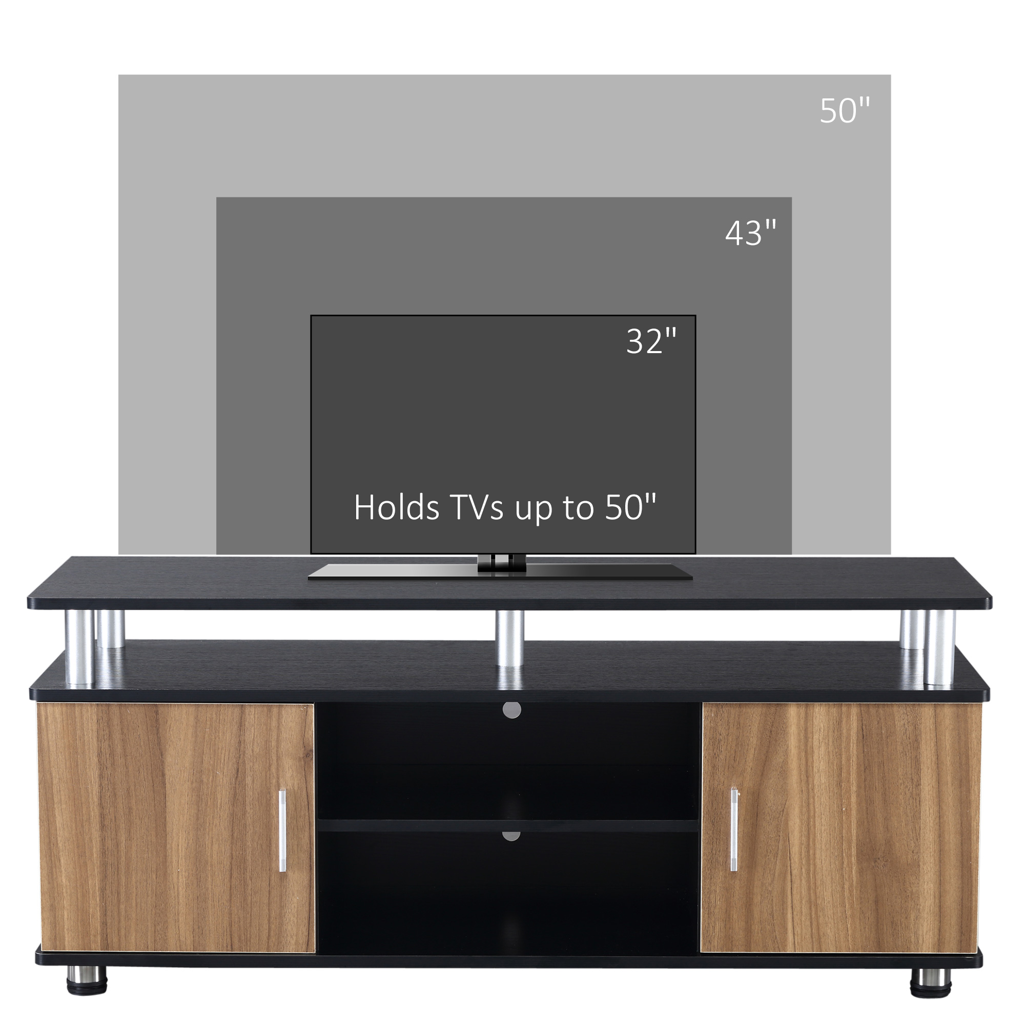 HOMCOM TV Cabinet Unit for TVs up to 50'' with Storage Shelf and Cupboards, Living Room Entertainment Center Media Console, Black and Walnut 4