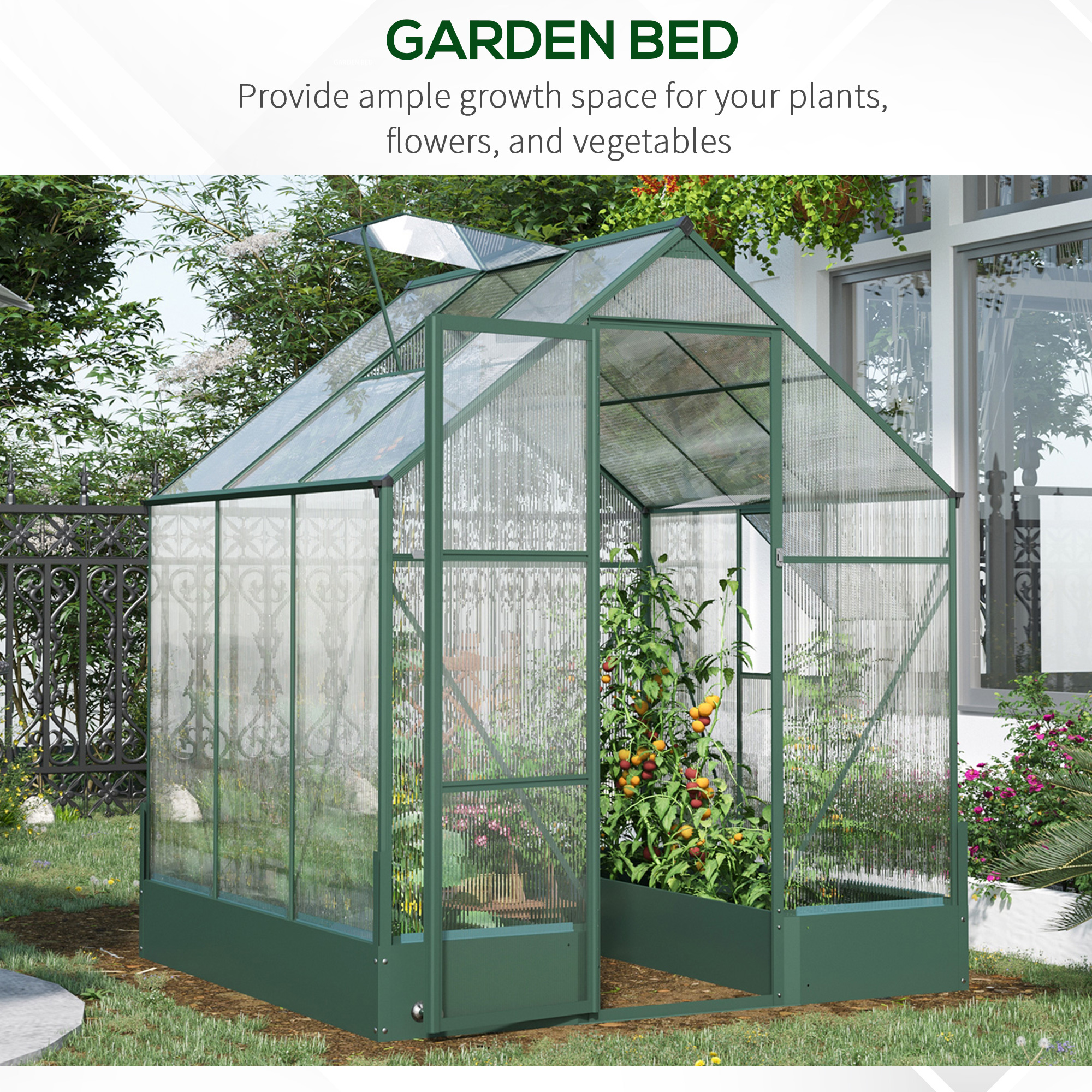 Outsunny 6x6 FT Polycarbonate Greenhouse with Base and Raised Bed, Walk-in Greenhouse with Aluminium Frame, Temperature Controlled Window, Foundation for Plants, Flowers, Vegetable 9