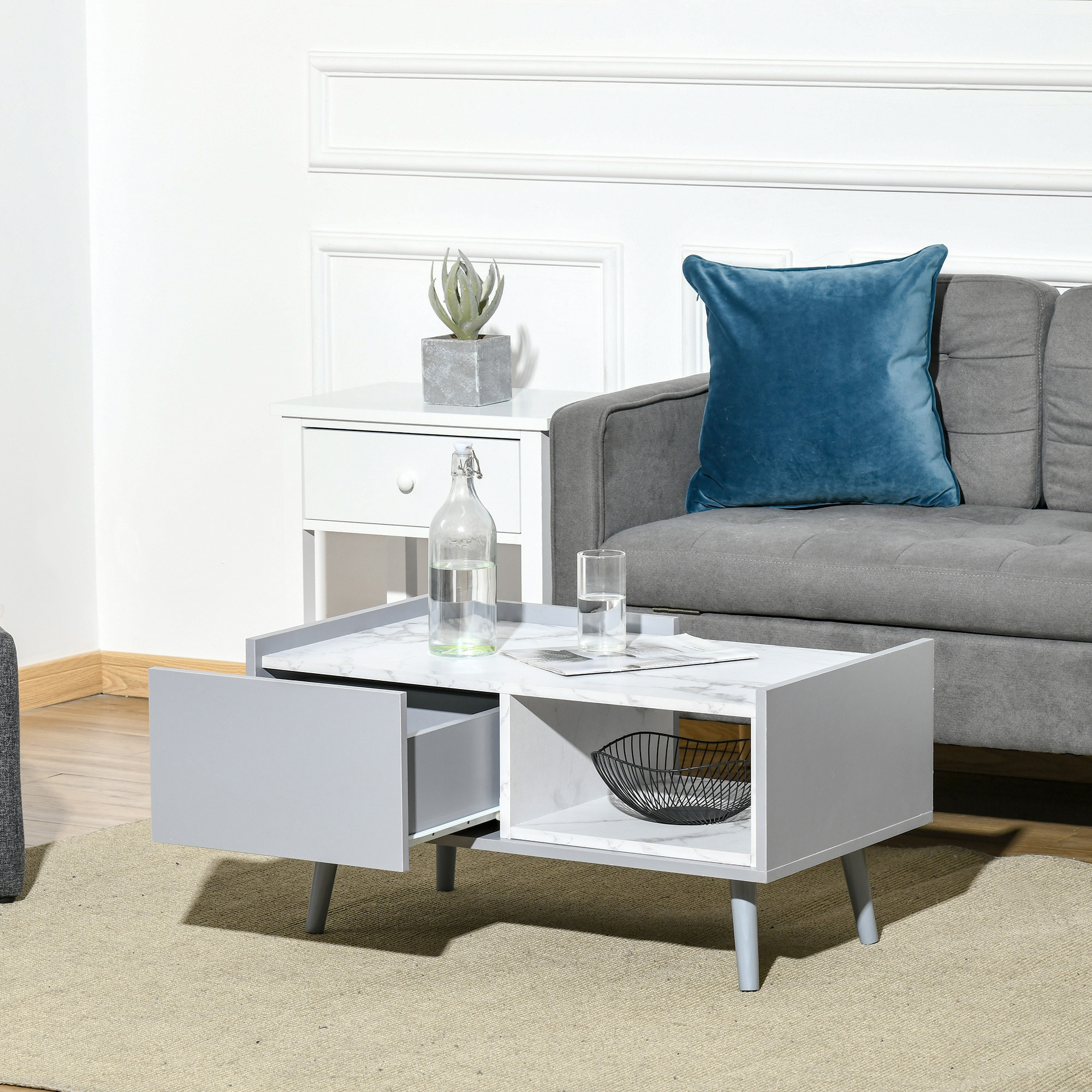 HOMCOM White Coffee Table with Faux Marble Top, 2-Tier Wood Center Table Sofa Table with Storage Drawer and Shelf for Home Living Room Reception Room 7