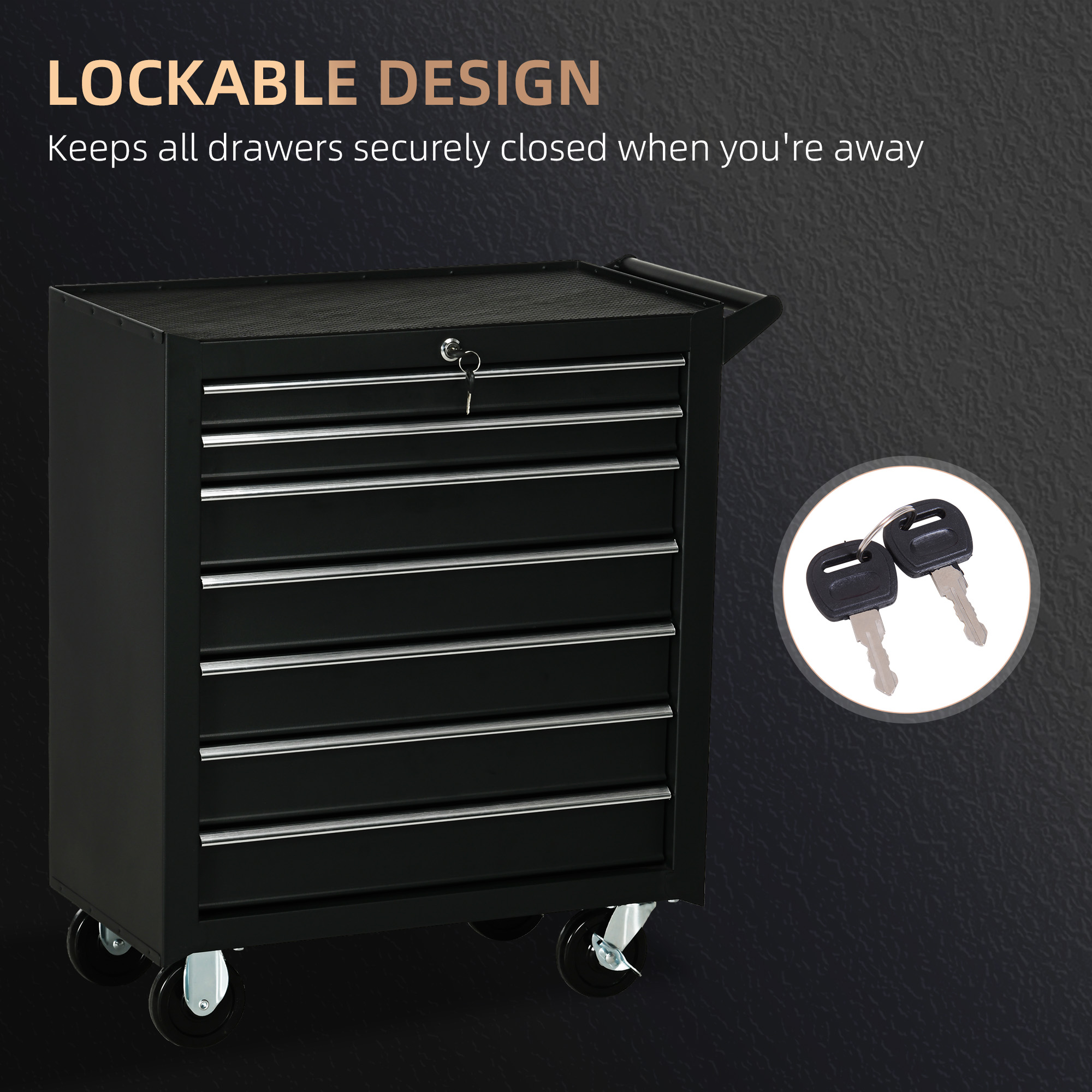 DURHAND 7-Drawer Tool Box on Wheels, Lockable Tool Cabinet with EVA Pat & Ball Bearing, Matte Black 7