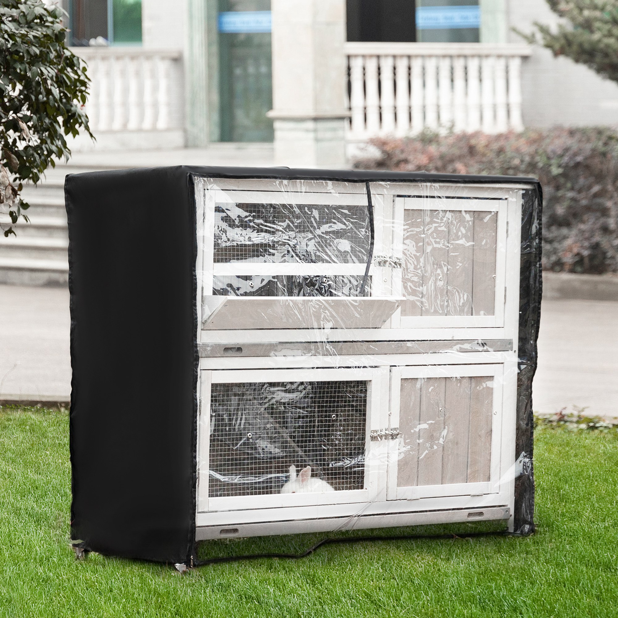 PawHut Wooden Pet Hutch, Two-Tier Cage with Rain Cover, Wheels, White 2