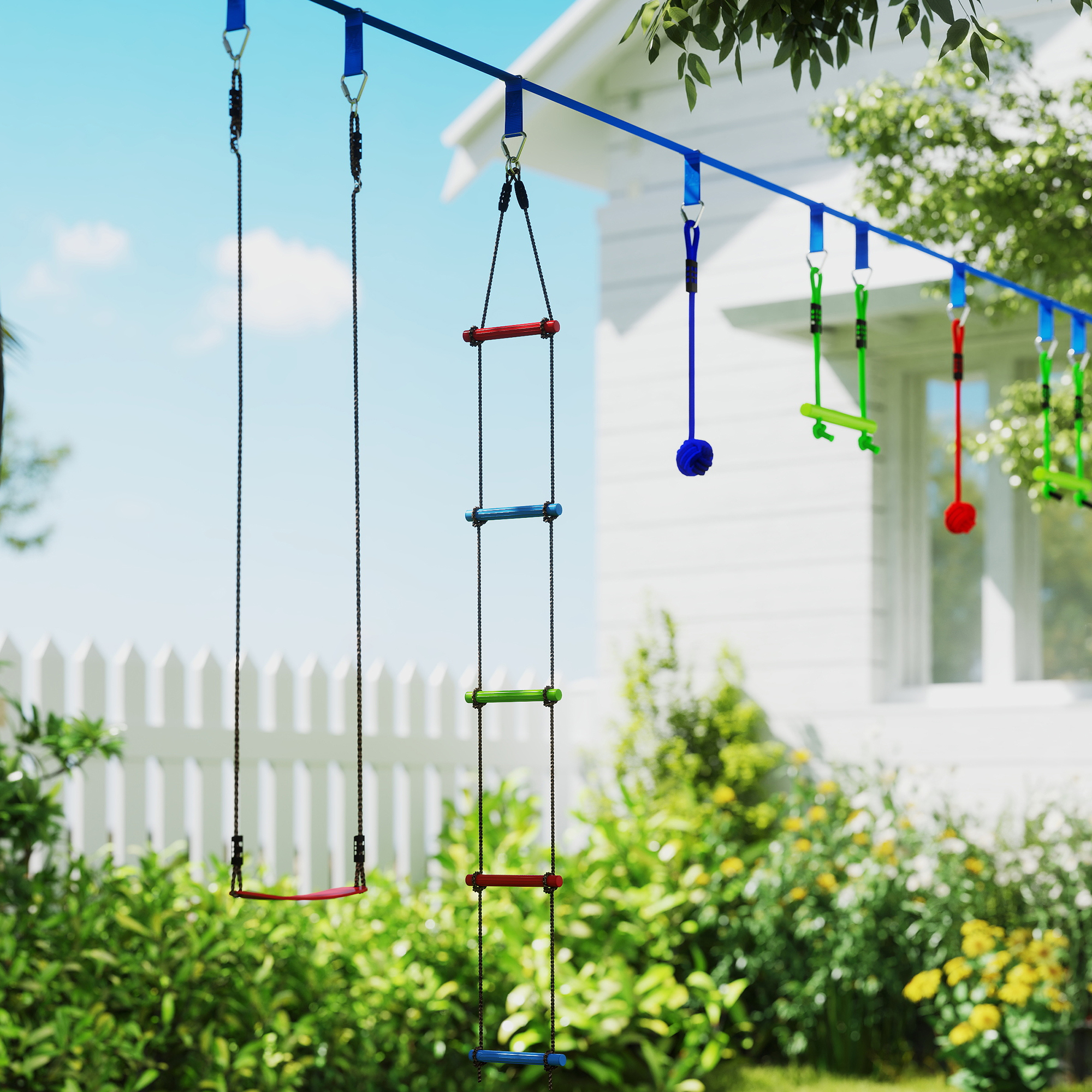 AIYAPLAY 10-Piece Zip Line Kit for Kids with 10m Slackline, Monkey Bars, Swing, Climbing Ladder, Hanging Tray, Metal Rings 9