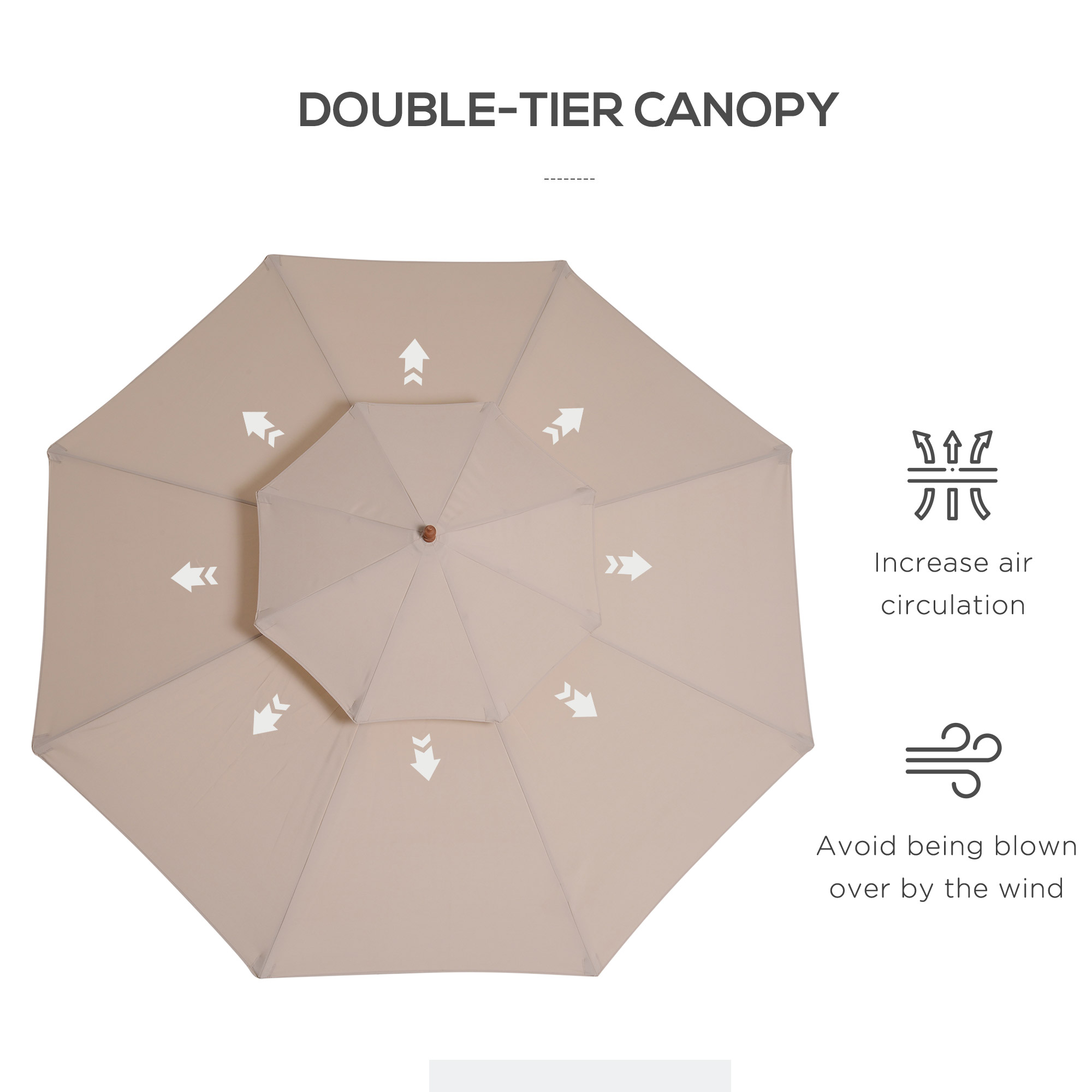 Outsunny 2.7m Wooden Parasol Elegant Two-Tier Design Garden Parasol Umbralle for Outdoor Shade, Beige 6