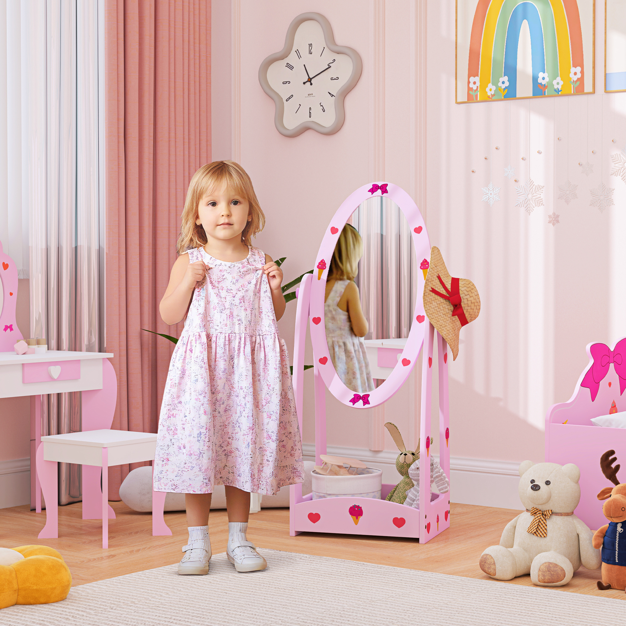 AIYAPLAY Kids Full Length Mirror, 360° Rotating Children Standing Mirror with Storage Shelf, Pink 2