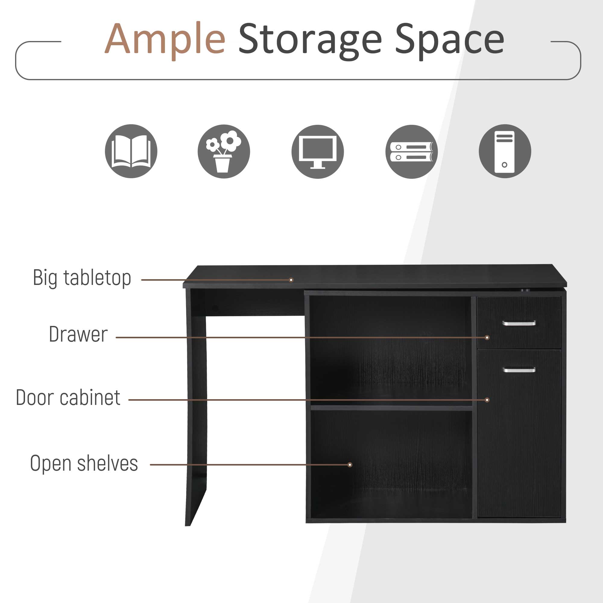 HOMCOM L-Shaped Desk, Corner Computer Desk, Adjustable Study Table with Storage Shelf, Drawer and Cabinet, Workstation for Home Office, Black Wood Grain 6