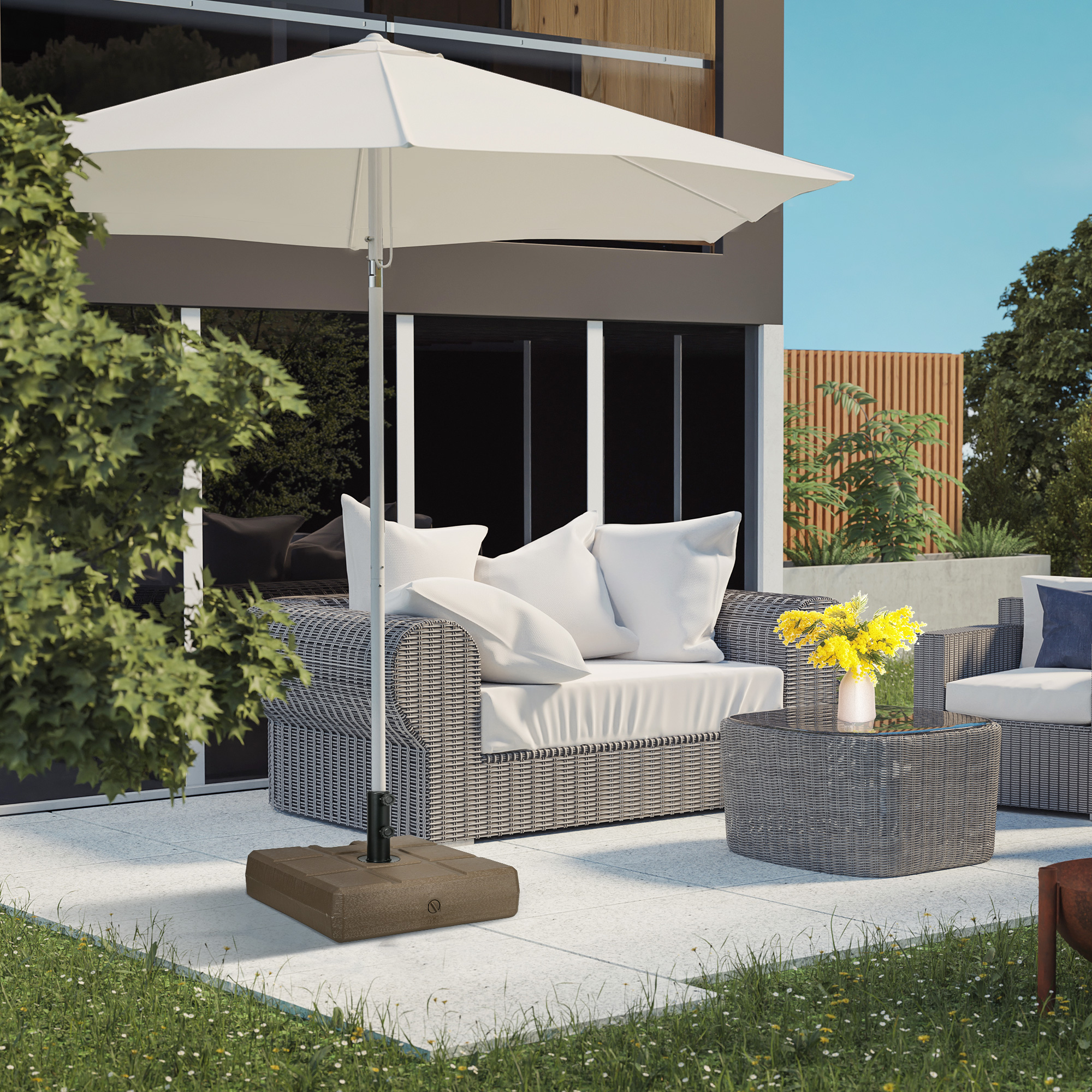 Base Per Ombrellone Outsunny Riempibile Con Maniglia – 49x49x36.5 Cm, Adatta A Pali 28/38/48 Mm, Effetto Legno Marrone