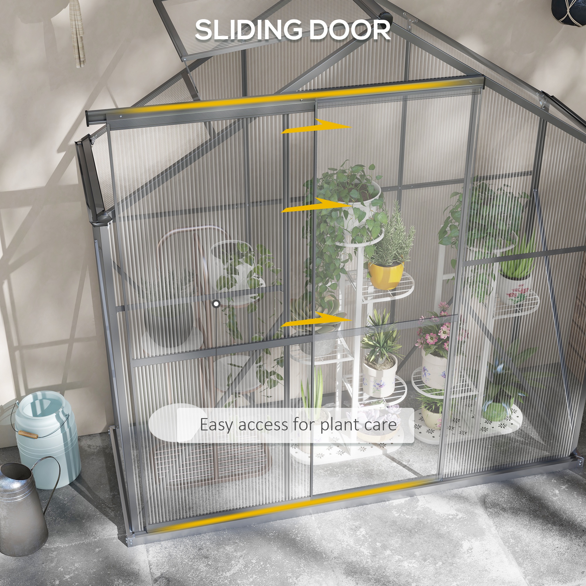 Outsunny 6 x 2.5ft Polycarbonate Greenhouse Walk-In Green House with Rain Gutter, Sliding Door, Window, Foundation, Dark Grey 6